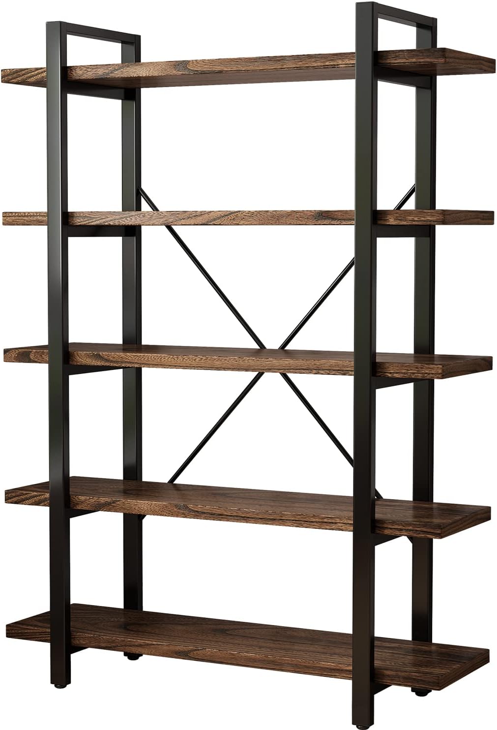 5-Tier Industrial Style Solid Wood Bookcase and Book Shelves,Rustic Wood and Metal Shelving Unit, Living Room,Modern Rustic Open Industrial Book Shelf Office,Distressed Brown (AY-02-5Tier)