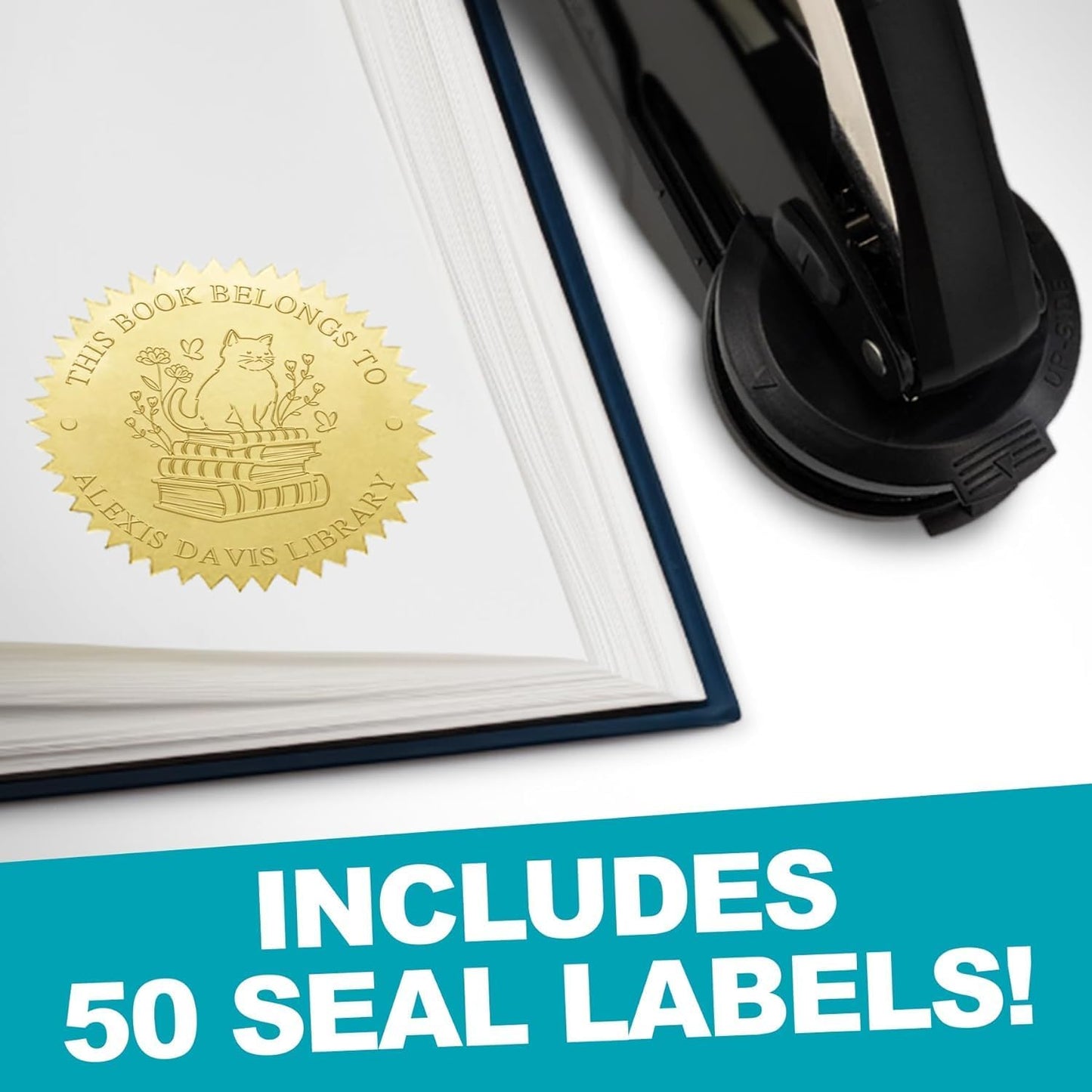 Custom Library Embosser - Style 113 - Embosser, Wood Stamp or Self Inking Stamp - Book Embosser Includes 50 Gold Seals - Custom Stamp Seal from The Library of