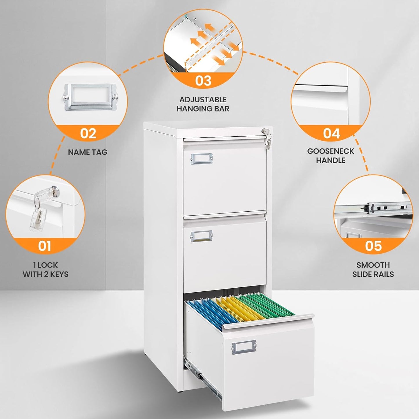 3 Drawer File Cabinet with Lock, Metal Filing Cabinets for Home Office, Vertical White Locking File Caninet, Steel Narrow Three Drawer File Cabnet for Letter/Legal / A4 / B4- Assembly Required
