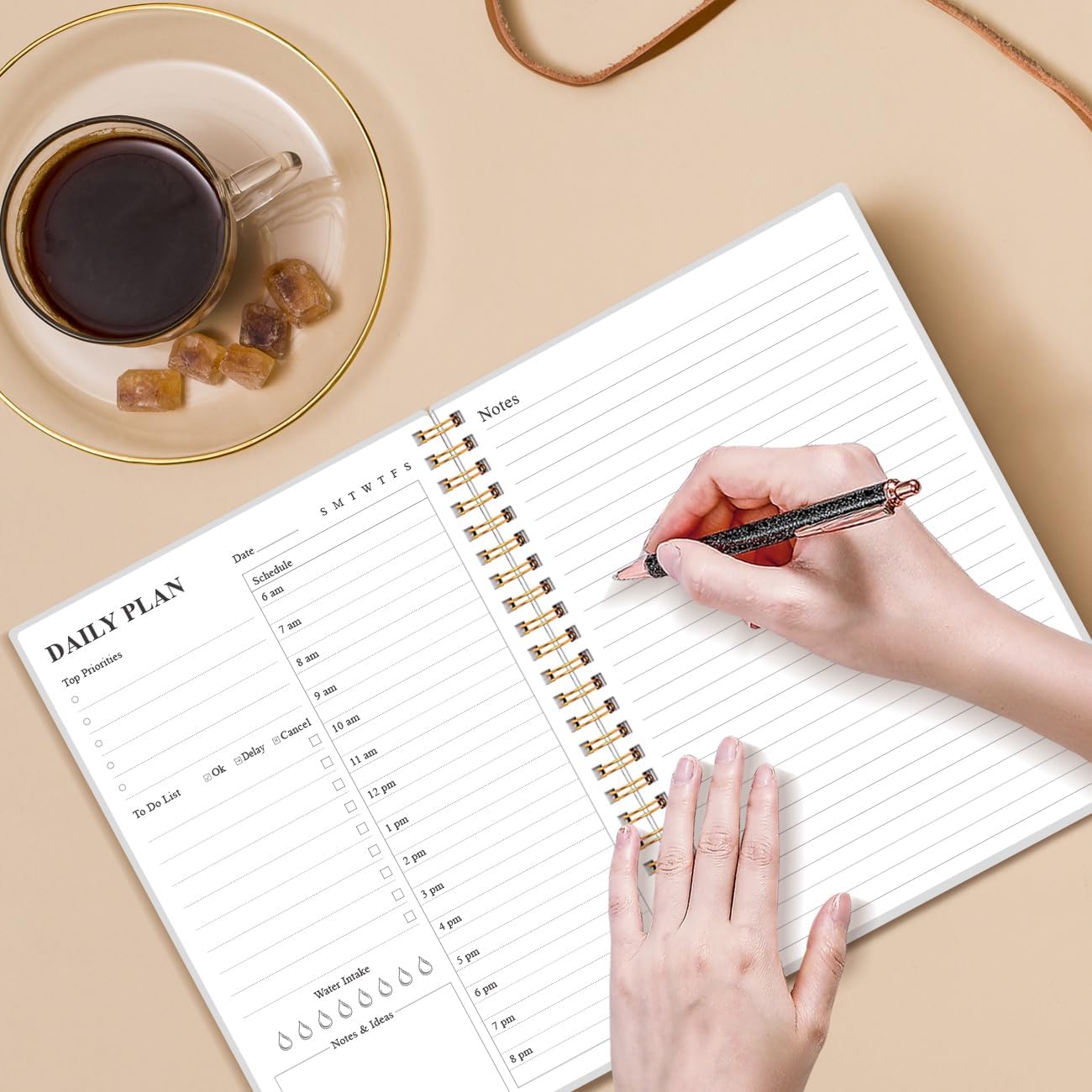 Daily Planner Undated - A5 To Do List Notebook Hourly Schedules, Spiral Appointment Planner for Women and Men, PVC Hardcover, Inner Pocket, Elastic Closure, 5.8" x 8.3", Blue Watercolor