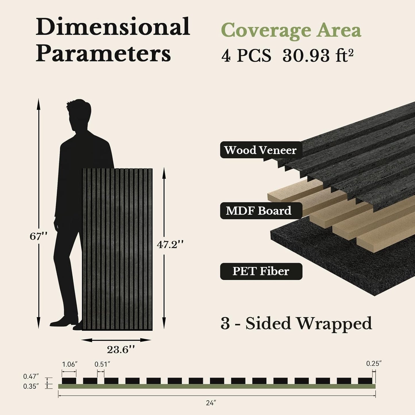 MISSDAY Wood Slat Acoustic Wall Panels, 4 Packs 47.2" x 23.6" Natual Black Soundproof Panel For Interior Wall Decor Noise Absorbing-3D Textured Wooden Panel Sound-Absorbing for Home, Office, Studio