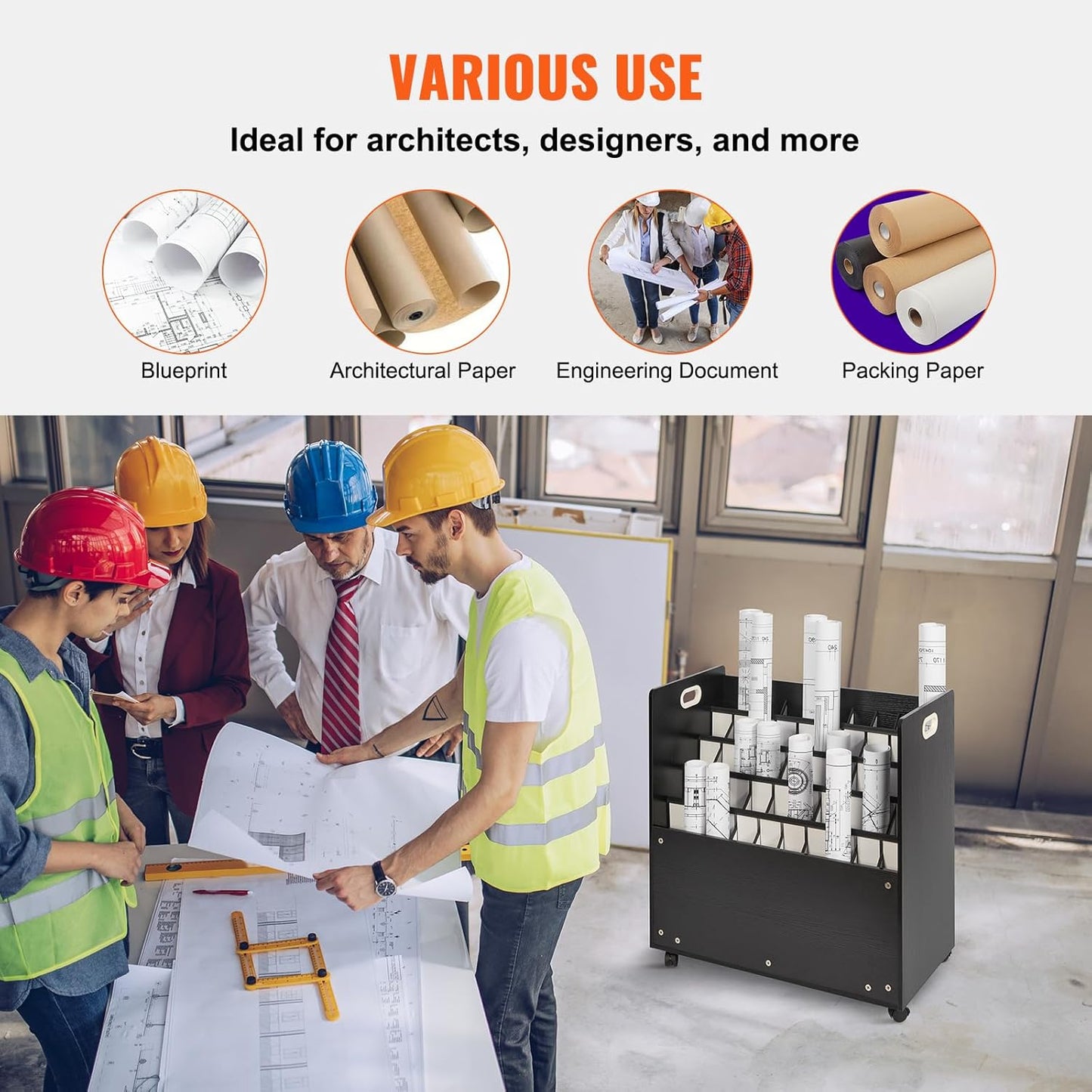 VEVOR Mobile Storage Cart, 50 Slot Wooden Roll File Organizer for Construction Plans, Maps, Posters, Architectural Blueprints - Home, Office, School