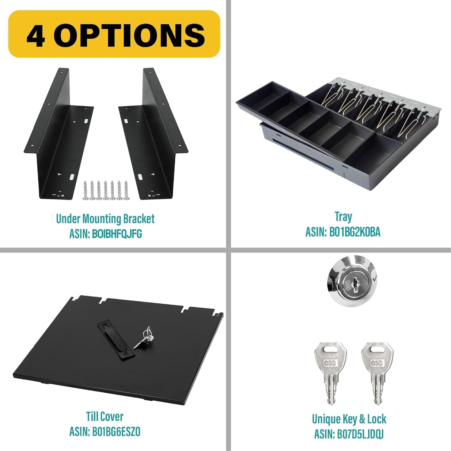 HK SYSTEMS 16inch Heavy Duty Manual Push-Open Cash Drawer with 5Bill/5Coin, Removable Till, Stainless Steel Front with Single Large Media Slot, Black