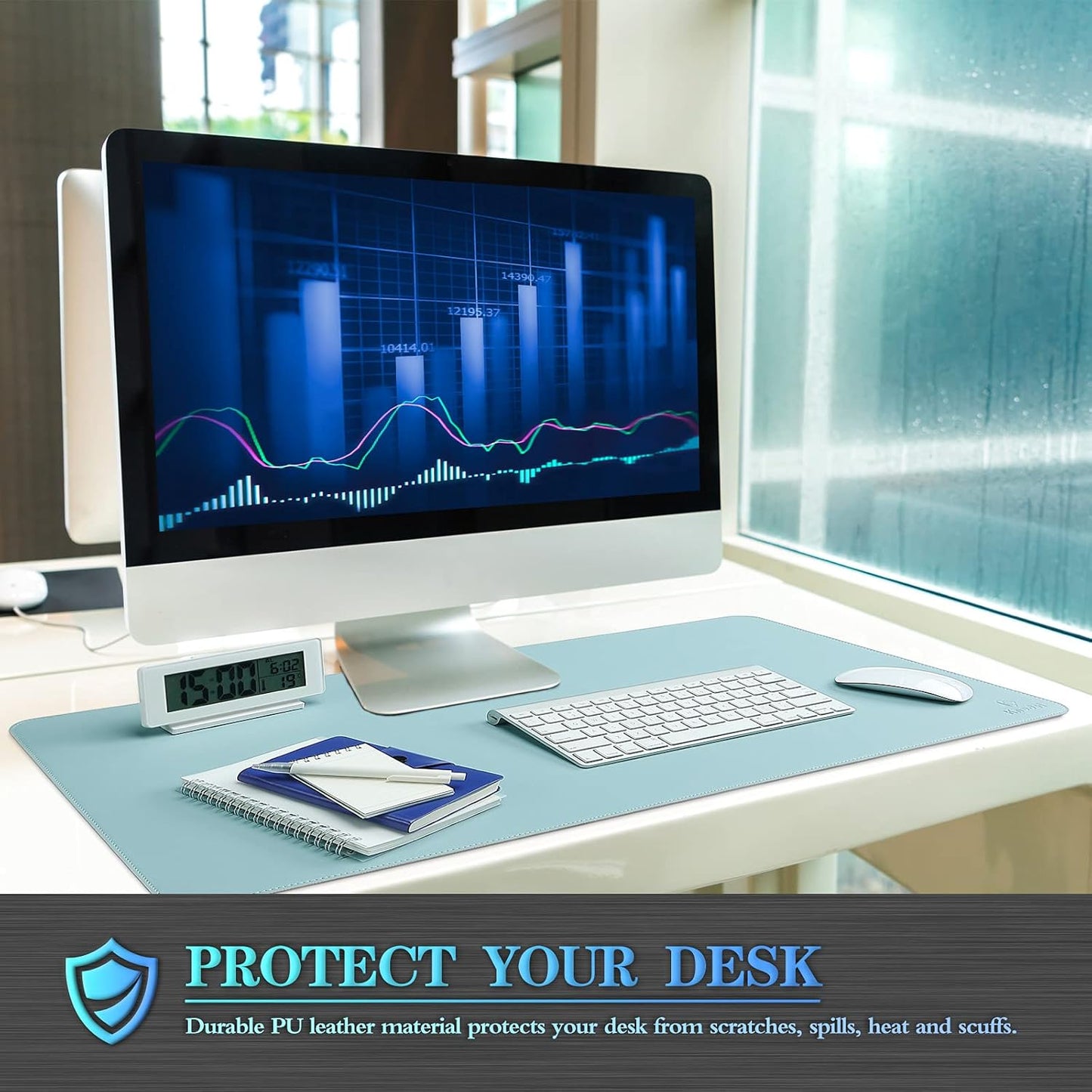 K KNODEL Desk Mat, Blotter, Dual-Sided Office Desk Pad, Waterproof Desk Mat for Desktop, Desk Blotters, PVC Leather Pad Protector (Light Blue, 35.4" x 17")