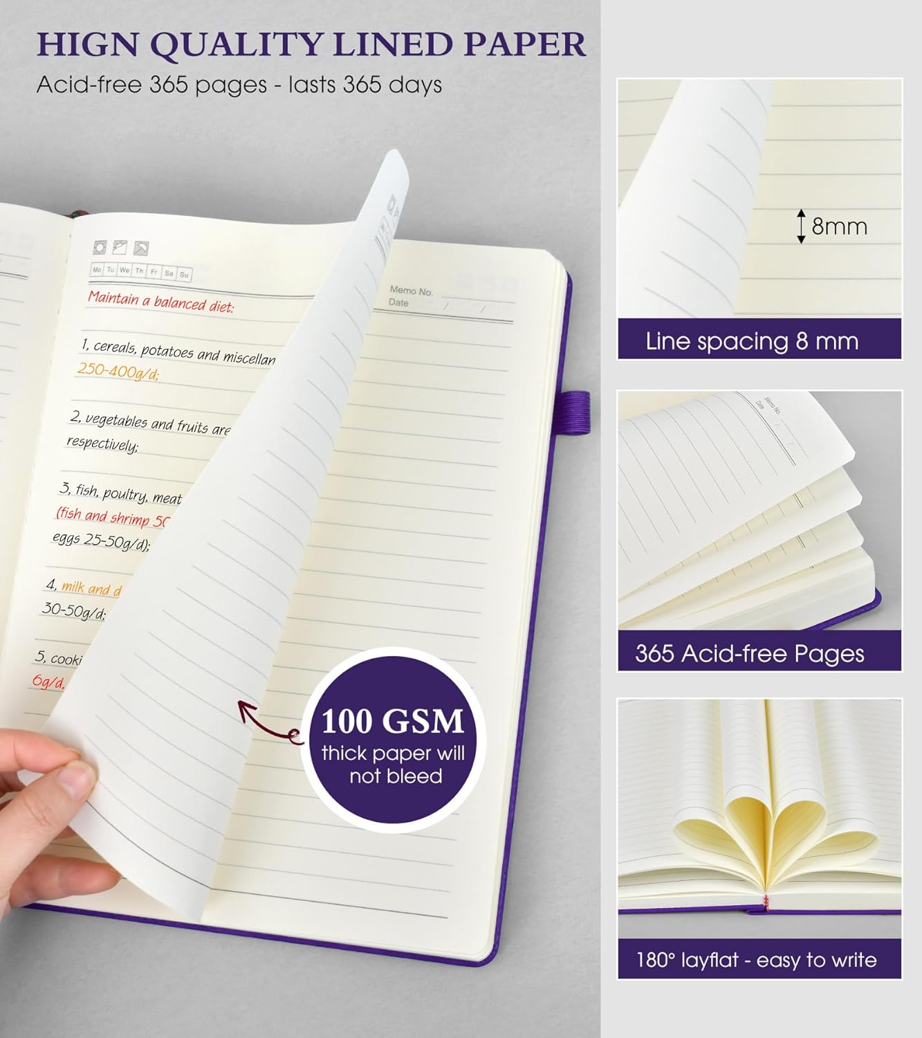 A4 Lined Journal Notebook,365 Page Large Leather Journals for Writing Women Men,Hardcover Notebook with 100Gsm Thick Pages for Travel,Work,School,College Ruled, Daily Diary (8.5" x 11.4")