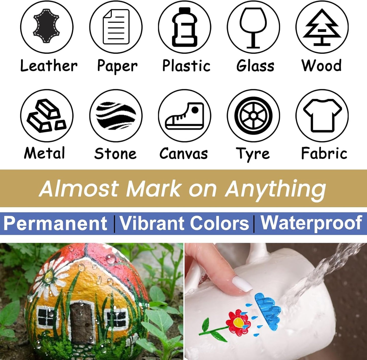 Overseas Gold Paint Pens - Permanent Acrylic Paint Markers 12 Pack, Water-Based, Quick Dry, Waterproof Marker Pen for Rock, Wood, Plastic, Metal, Canvas, Glass, Fabric, Card, Mugs. Medium Tip