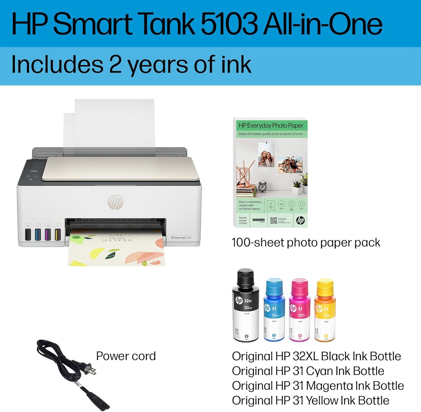 HP Smart Tank 5103 Wireless All-in-One Refillable Ink Tank Printer, Scanner, Copier with 2 Years of Ink and 100 Sheets of Photo Paper Included, Best for Home (5D1B2A)