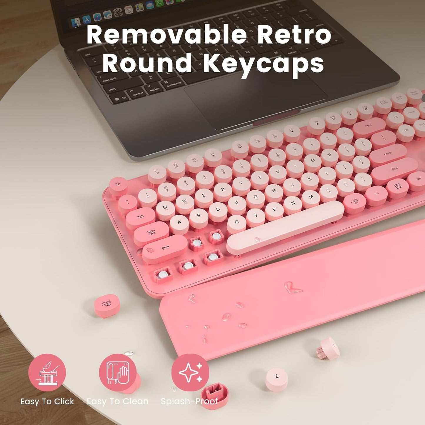 Wireless Keyboard, Round Keycaps, Retro Typewriter Keyboard with Detachable Wrist Rest, Sleep Mode, Foldable Legs, 2.4GHz Full-size Cordless Computer Keyboard for Windows/PC/Laptop (Baby Pink)