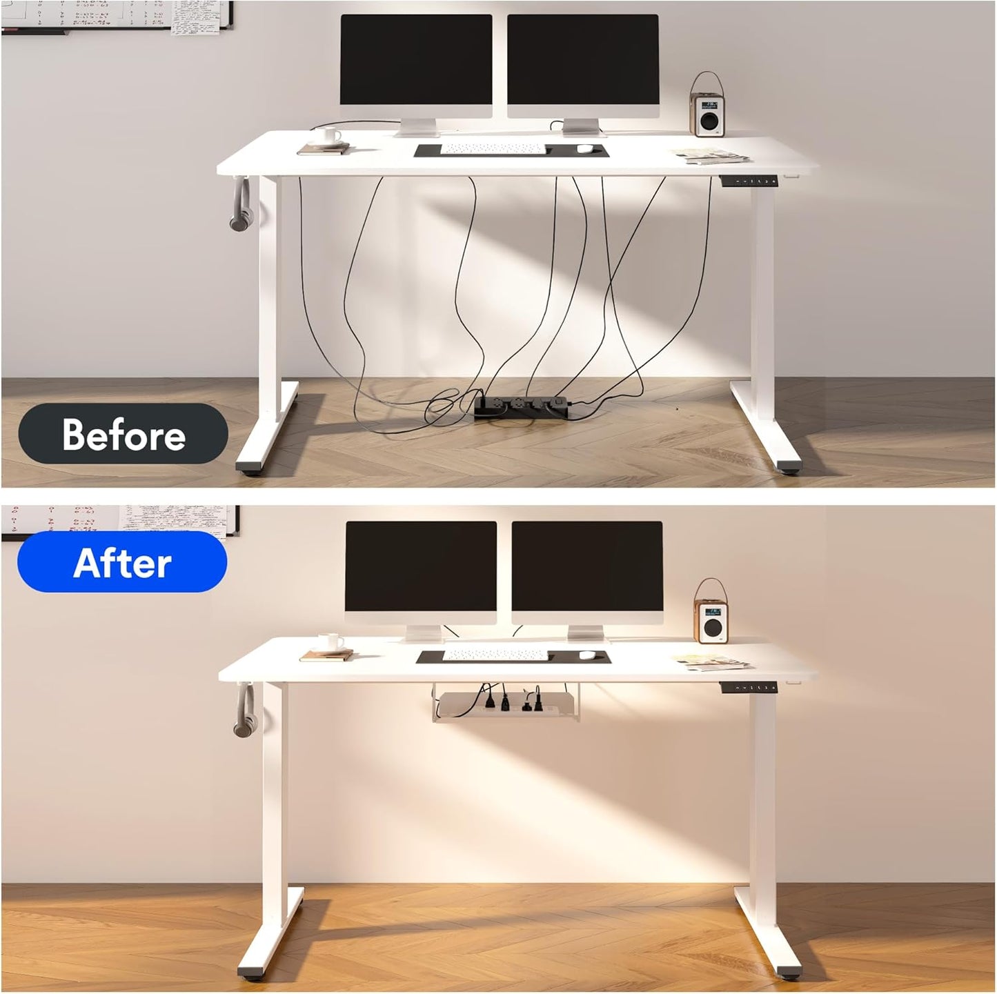 FLEXISPOT EN2 Whole-Piece Standing Desk with Clamp Power Strip, 60 x 24 Electric Stand Up Height Adjustable Desk with Cable Management (White Frame + 60" Gray Wood Grain Desktop, 2 Packages)