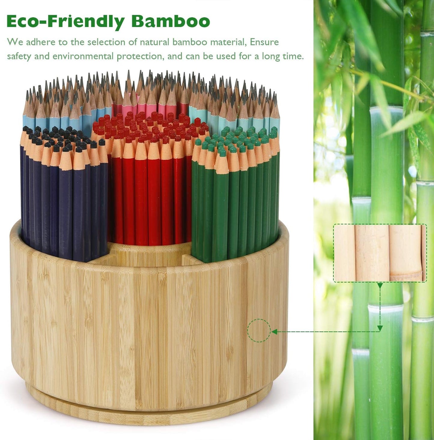 Bamboo Rotating Pencil Holder for Desk - Pen Holder Desk Organizer with 7 Compartments, Office Supplies Desktop Storage Caddy for Colored Pencils, Markers, Crayon, Comestics and Cutlery etc.