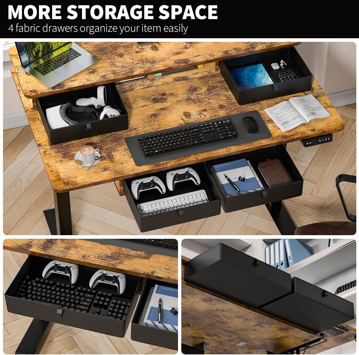 Standing Desk with Fast Charging USB Ports, 48" x 30" Height Adjustable Home Office & Gaming Desk, Sit Stand Desk with Built-in Storage Shelf, Hook & Ergonomic Design(Rustic Brown)