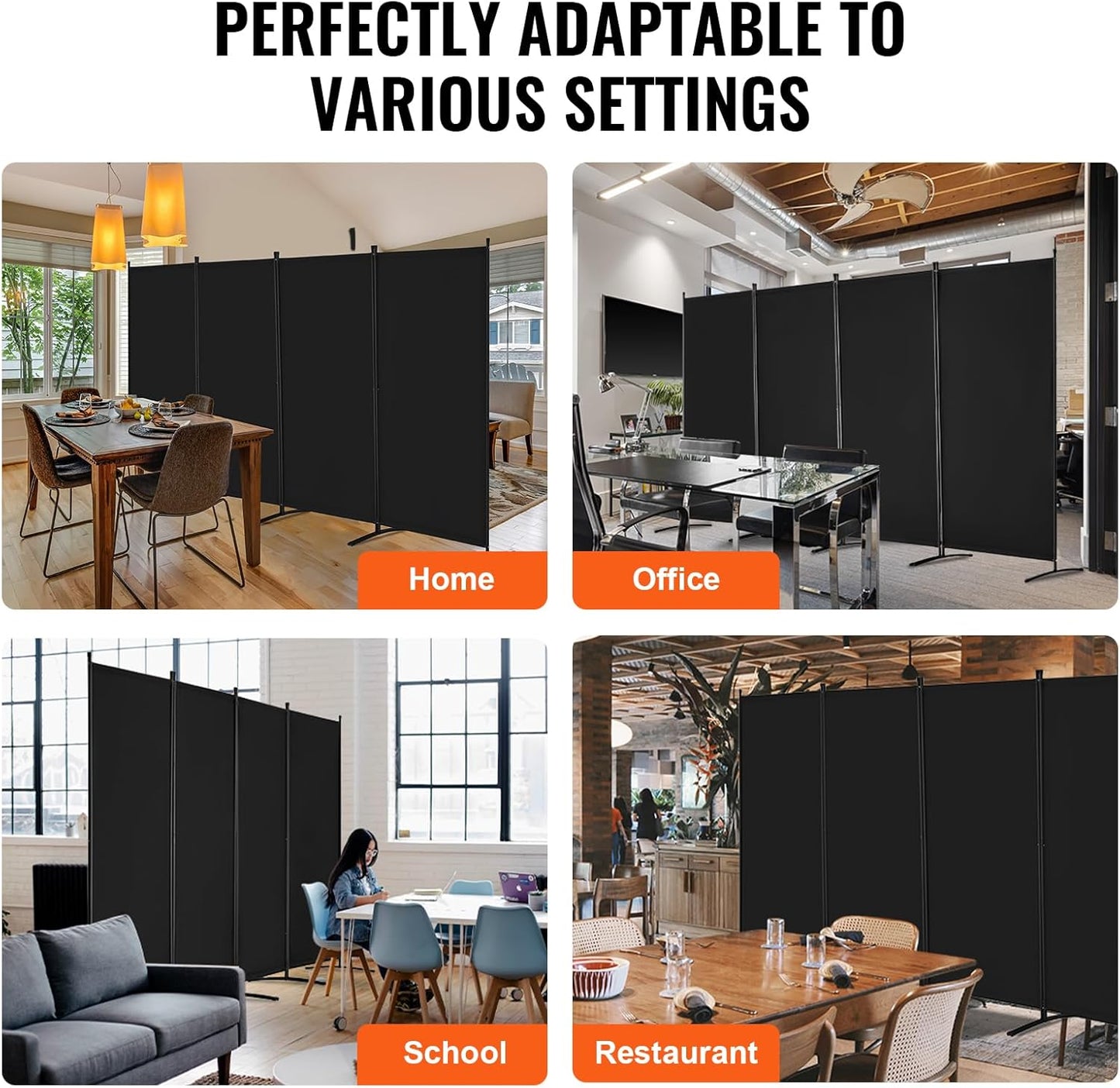 VEVOR Room Divider, 4 Panel Room Divider, Folding Privacy Screen and Portable Partition Divider for Room Separation, Freestanding Room Partitions for Office, Bedroom, Study, Black