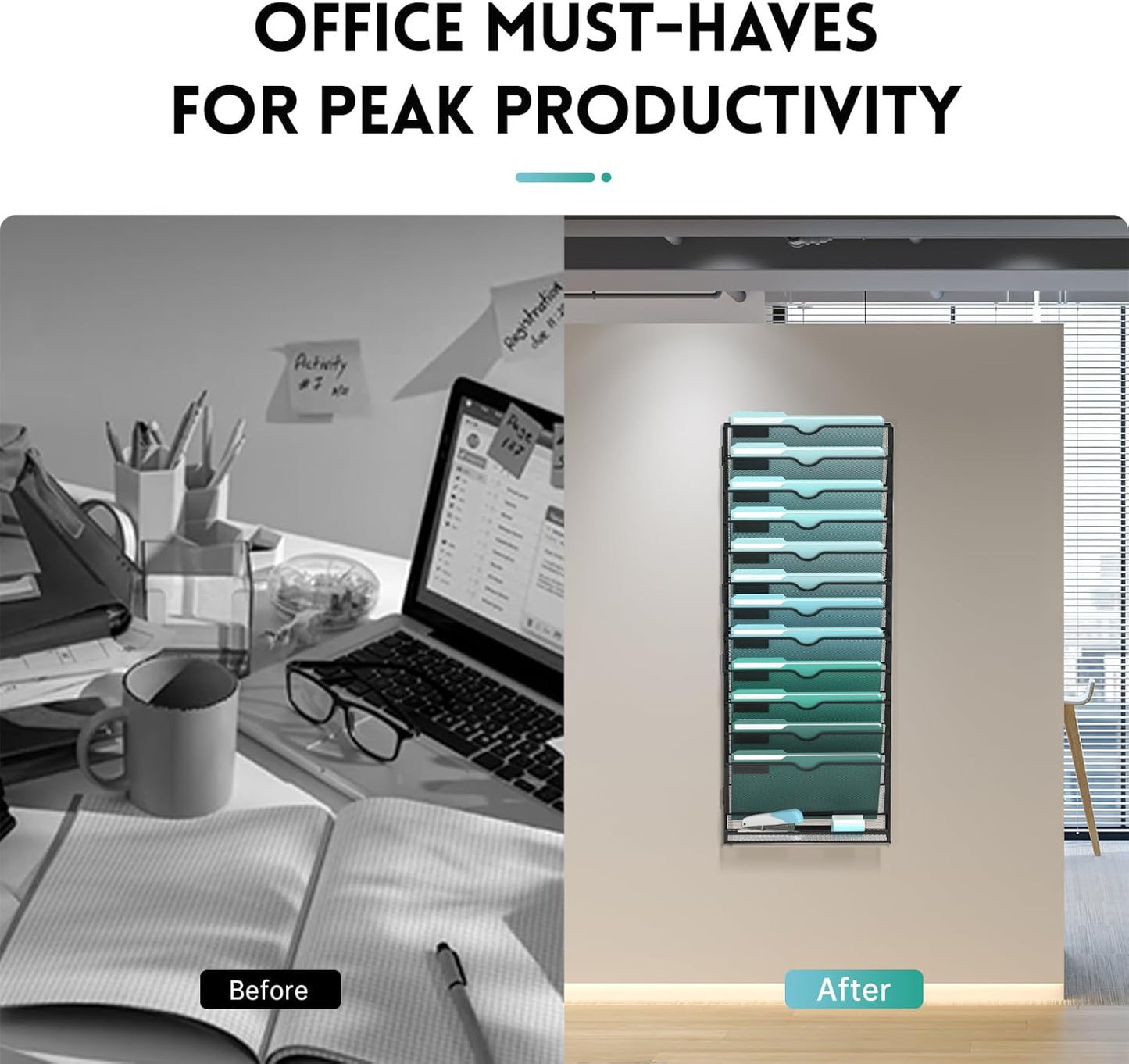 SUPEASY 13-Tier Wall File Organizer, Hanging Wall Files for Papers, Folders, Magazines, Wall Organizer for Clipboard, Assembly Needed, Black, 2 Pack