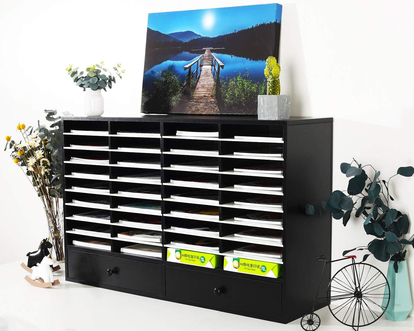 PAG Mail Sorter Organizer, Wood Literature Organizer, Student Mailbox for Classroom, Desktop Bill Paper Organizer for Office Home School, 38 Compartments, Black&White