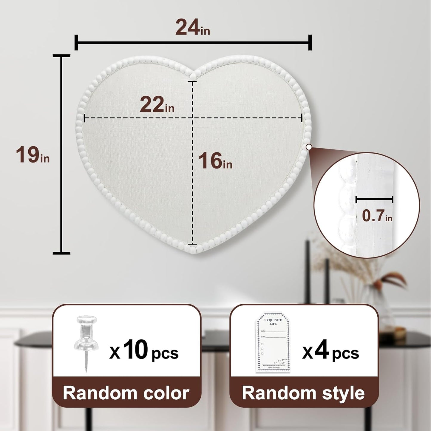 Large Heart Cork Bulletin Board with Linen, 24x19 Inch White Wood Frame Cute Picture Pin Board, Decorative Vision Board for Home Office, Study, Bedroom and Dormitory