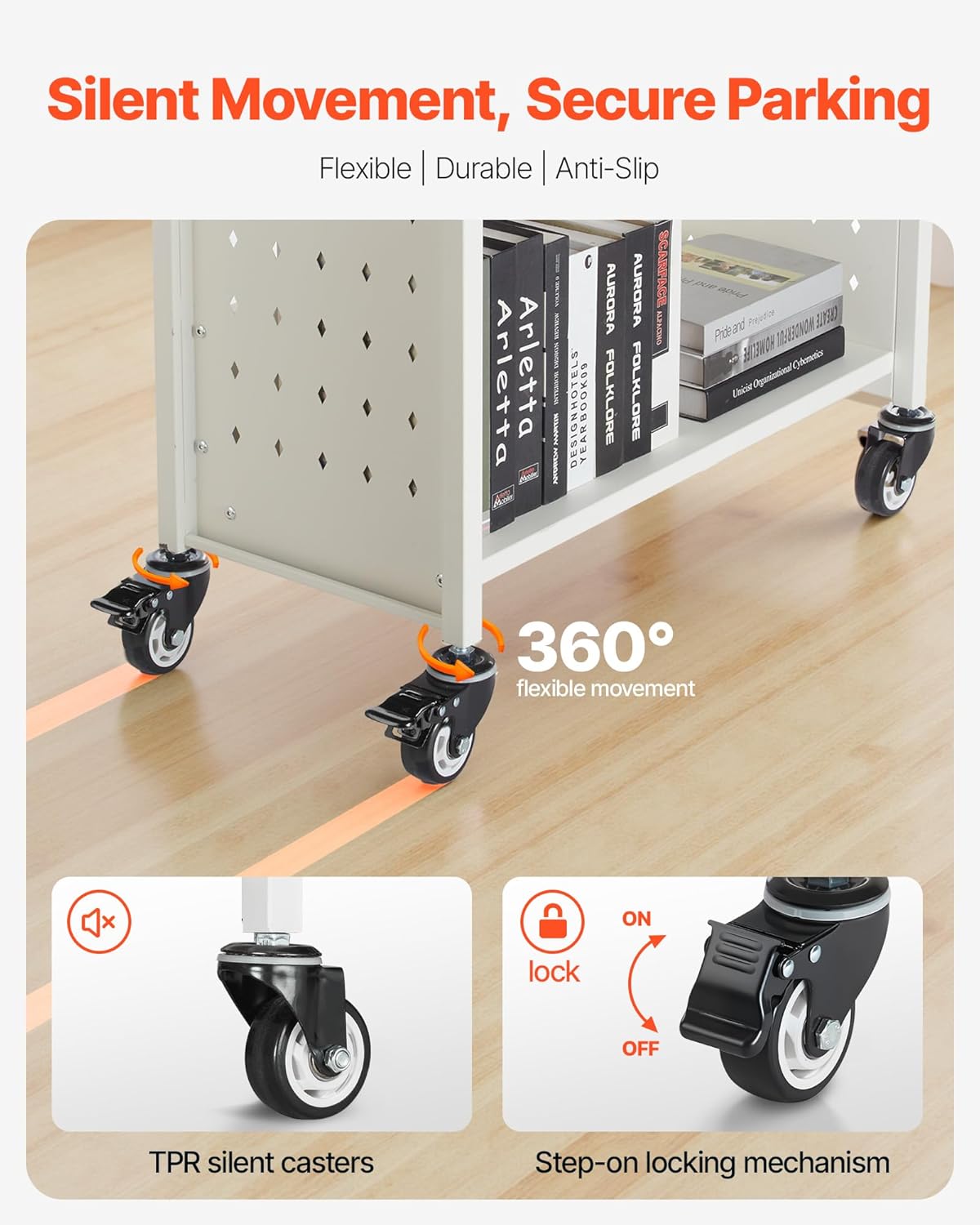 VEVOR Rolling Library Book Cart, 330 lbs Capacity, 30.3 x 15 x 48.0-Inch Library Cart, Single Sided L-Shaped Shelves with 3-Inch Lockable Wheels, Book Truck for Home Shelves Office and School, White