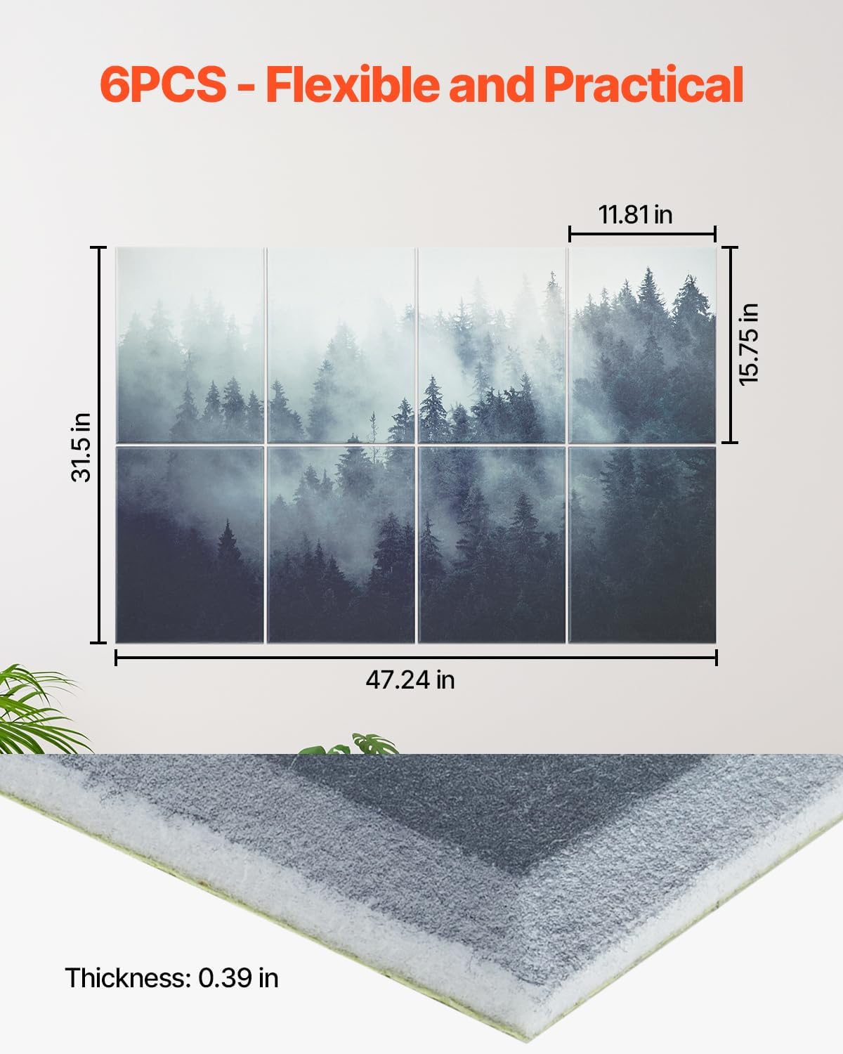 VEVOR 8 Pack Art Acoustic Panels, 63 x 23.62 x 0.4 inch Soundproof Wall Tiles, Self Adhesive Decorative Sound Dampening Absorbing Boards for Home, Office, Studio, Gaming Room,Theater,Forest