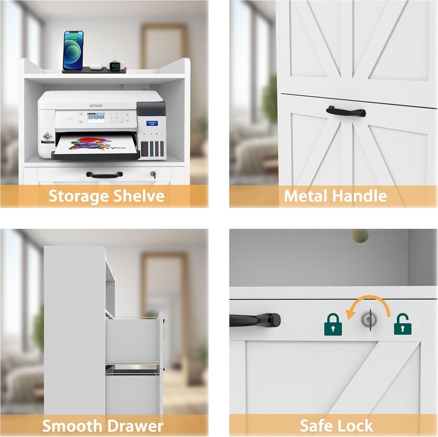 2 Drawer Lateral File Cabinet with Charging Station, Wood Filing Cabinet with Lock & LED Light, Large Storage Printer Stand for Home Office, White