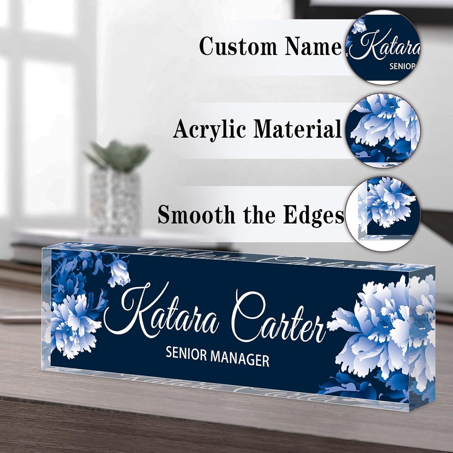 Name Plate for Desk Personalized, Acrylic Desk Decorations, Employee Appreciation Gifts, Custom Office Gifts for Coworkers, Boss, Teacher, Nurse (White Flowers 02)