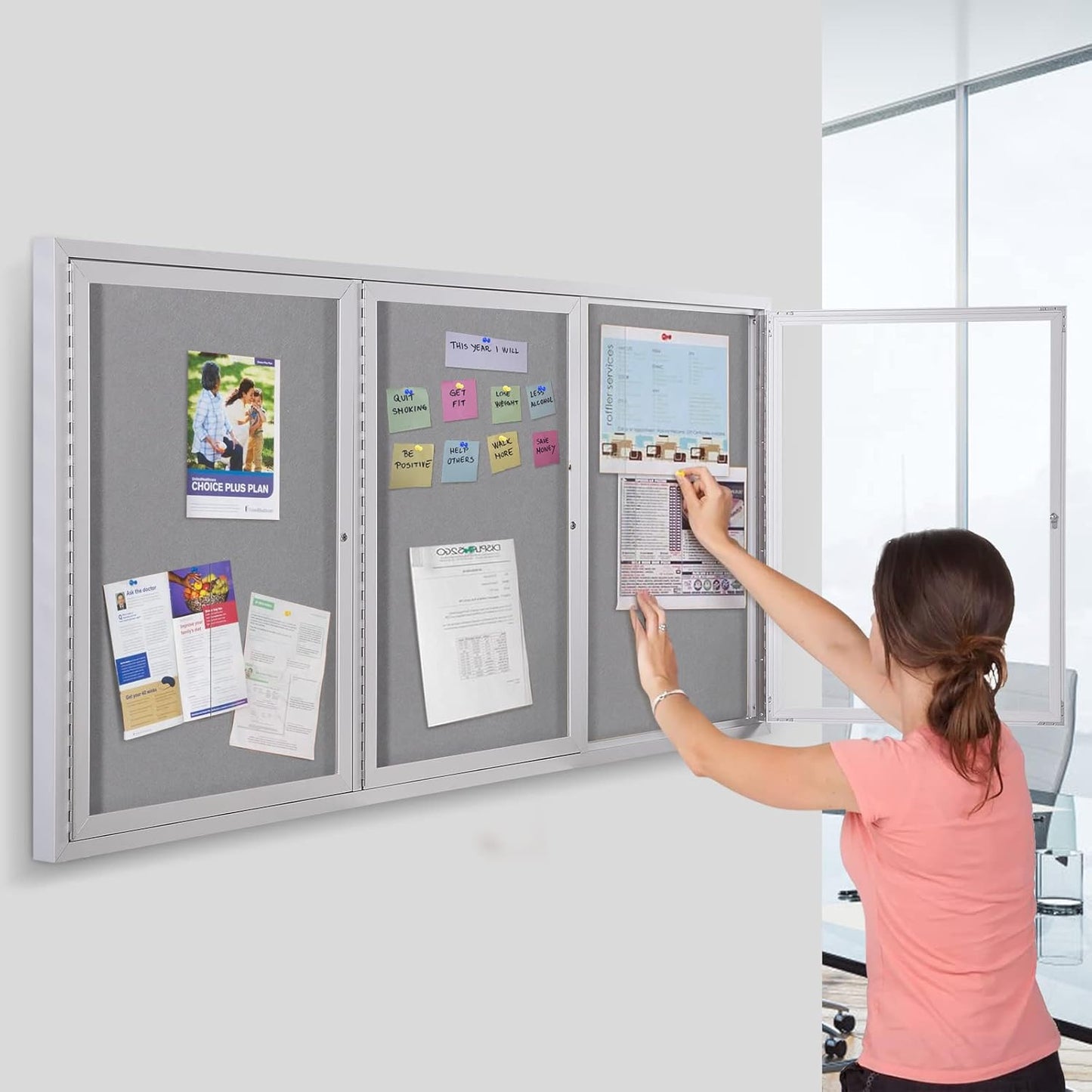 SWANCROWN Weather Resistant Enclosed Bulletin Board Gray Fabric Displays Boards Wall Mounted Notice Cabinet with Three Locking Doors, 70x36 inches