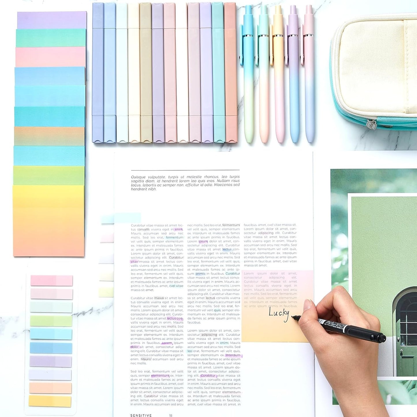 Jutom 38 Pcs Book Annotation Kit Aesthetic Highlighters Gel Pens Set Sticky Notes Tabs Markers Dual Ended Highlighter Quick Dry Ink Pens for Office Annotating Books(Gradient Color,Square)