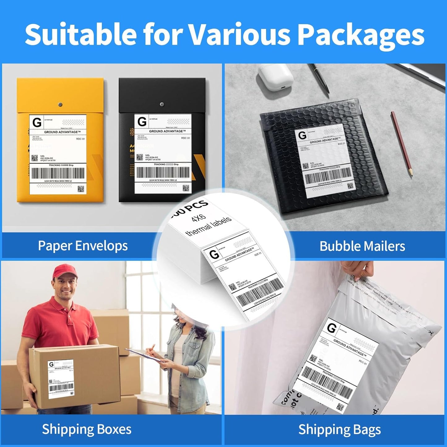 4"×6" Direct Thermal Shipping Label, Fanfold Thermal Label 1000 Packs (500packs Per Stack) Permanent Adhesive, Compatible with Zebra, Rollo, Jadens, Nelko