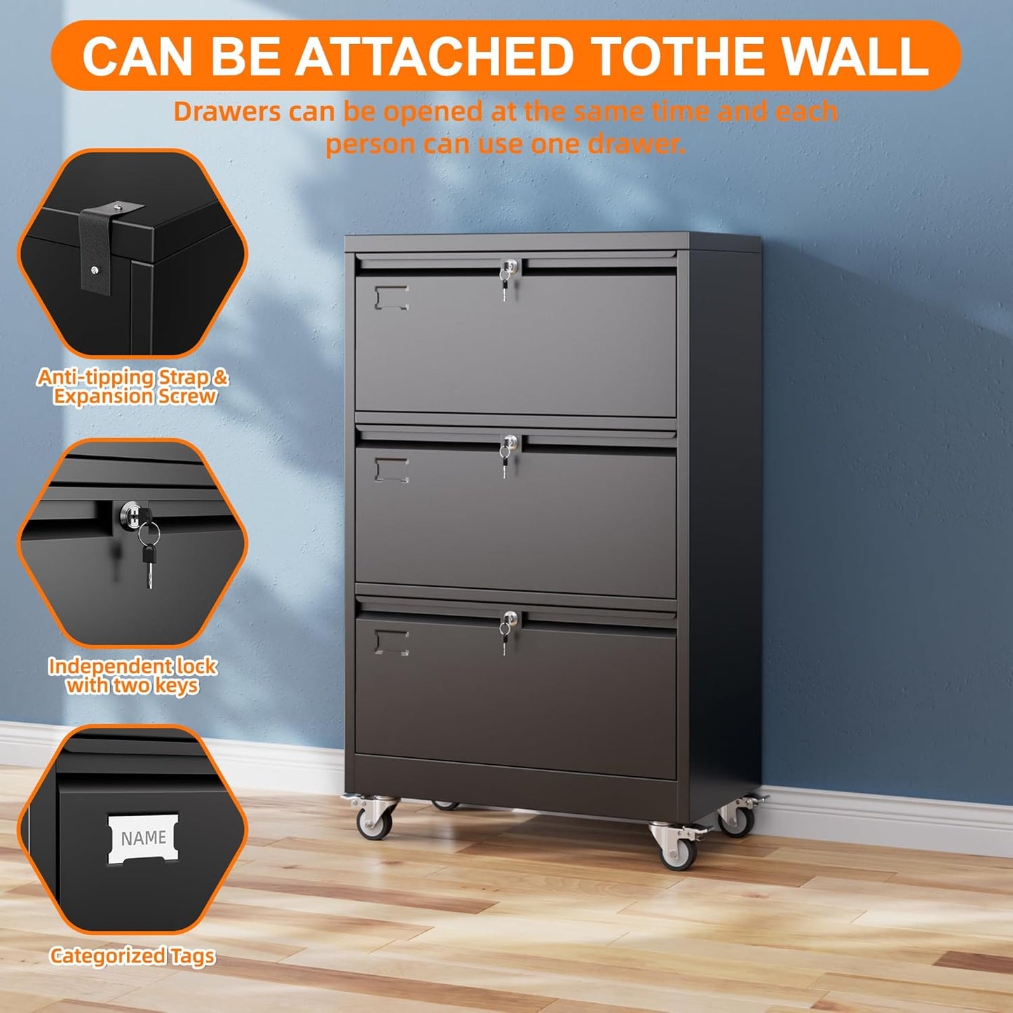 METAN Upgrade 3 Drawers Lateral File Cabinet on Wheels,Steel Office Filing Storage Cabinet with 3 Locks,Assembly Required,Black