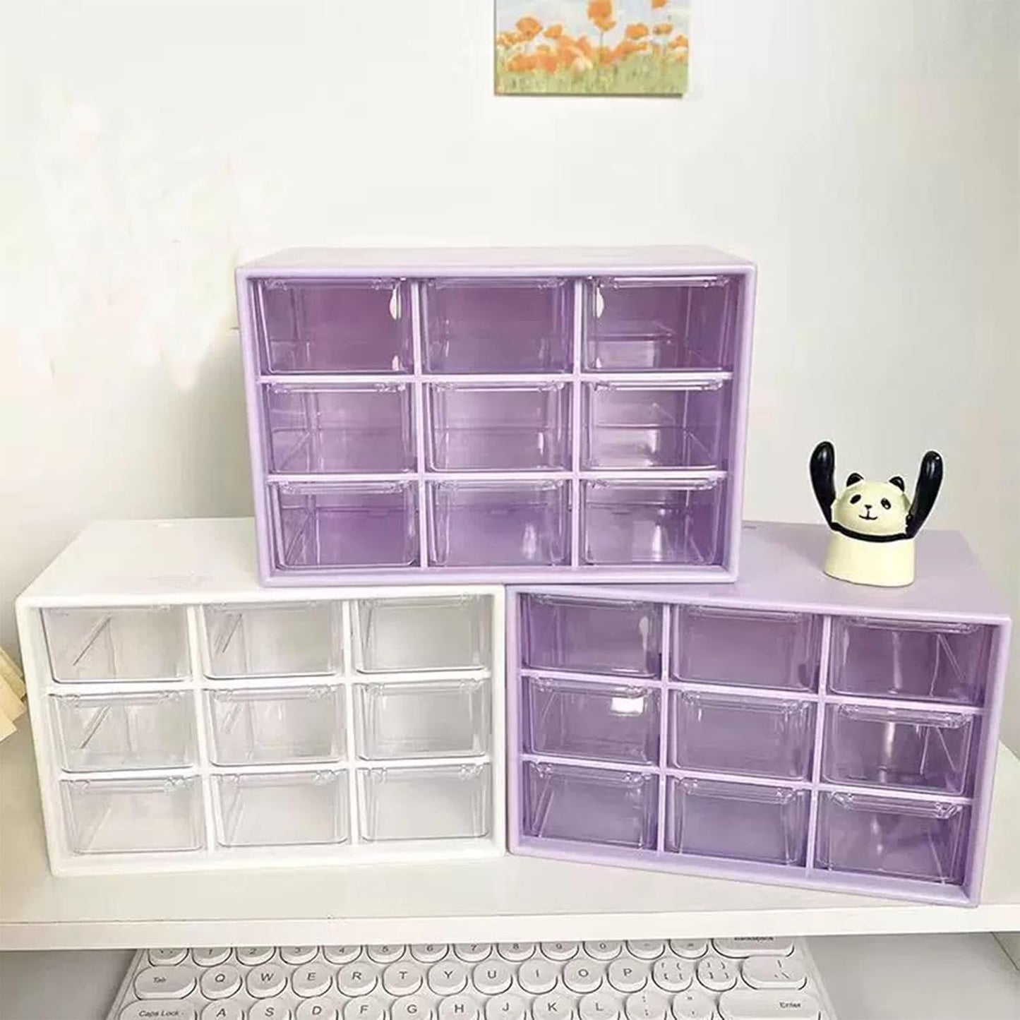 Feadily 2PCS Small Drawer Organizer for Desk, Desktop Drawer Organizer with 9 Clear Drawers, Plastic Desktop Storage Drawers 7.1 Inch x 3 .9 Inch x 4.7 Inch, Purple