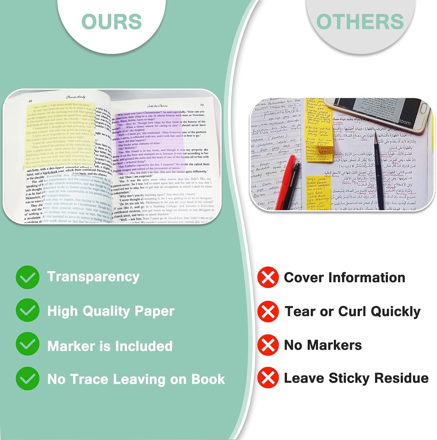 400 Sheets Transparent Sticky Notes, 3x3 inch Clear Sticky Notes Set, See Through Notes for Annotation, Index Labels, Translucent Notes with Pen for Office School (Assorted Colors)