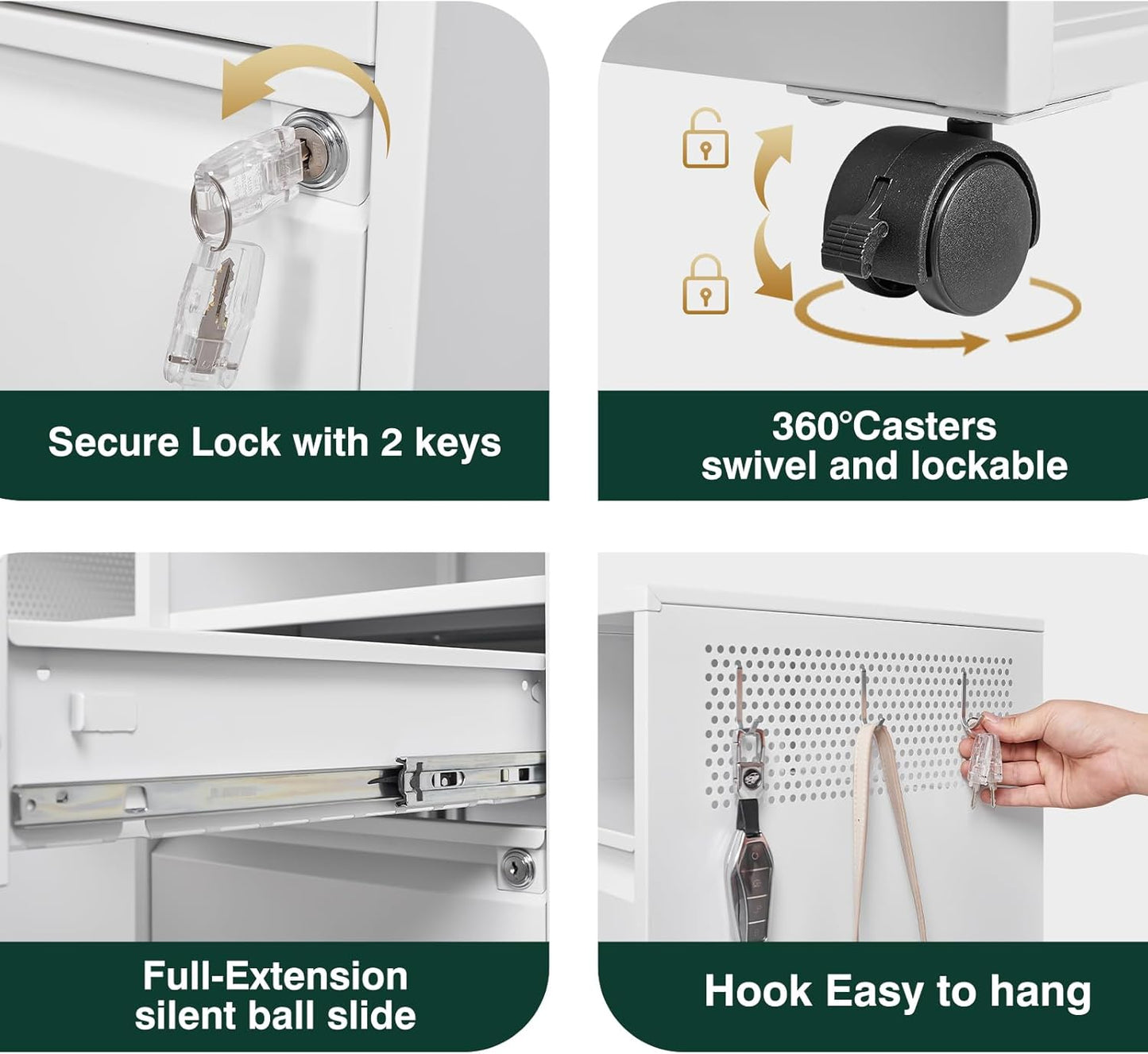 Metal File Cabinet,Lateral Filing Cabinet with Lock for Letter/A4 Size Files,Rolling Printer Stand with Open Storage Shelves for Home Office(White)