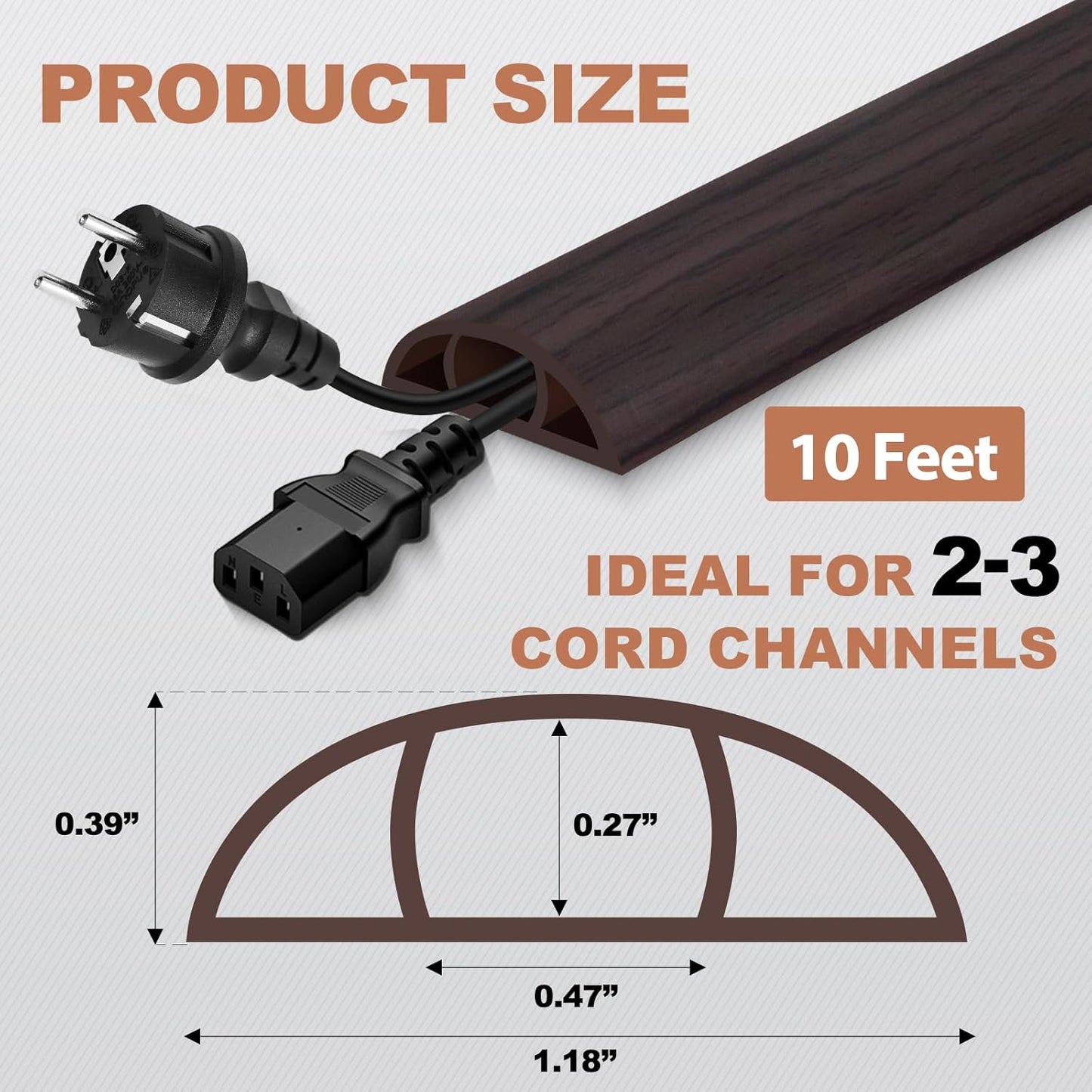 Floor Cord Cover for Wires on Floor Self Adhesive Cord Hider Floor Cable Management Wire Covers for Cords Protector Prevent Cable Trips Cord Cavity W 0.47" x H 0.27", Black Walnut, 10Ft