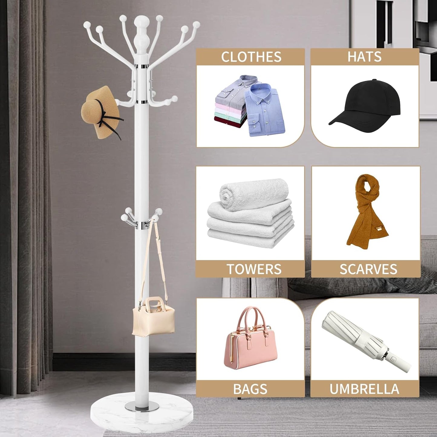 Modern Coat Rack with Natural Marble Base, Metal Freestanding Coat Racks with 16 Hooks, Heavy Duty Coat Rack Stand, Standing Coat Hall Tree Hanger Holder Stand for Entryway,Office