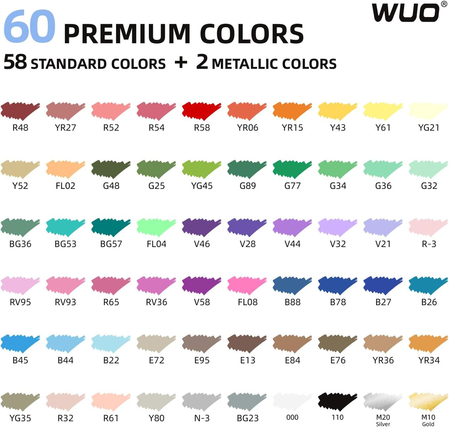 WUO 60 Colors Acrylic Paint Markers (2 Metallic), Automatic Ink Control Brush Tip for Multi-Surface, Water-Based No-Bleed Markers Acrylic Paint Pens for Rock Painting, Wood, Canvas, Glass, DIY Crafts