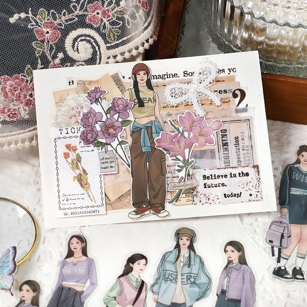 Alideco 120pcs Scrapbook Stickers Set Kawaii Vintage Fashion Girl People Stickers for Journaling Scrapbooking Junk Journal Crafts Embelishment Decoration Diary (langmanjiangzhi)