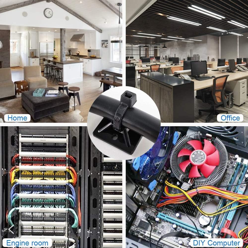 Strong Self Adhesive Wire Clips Cable Zip Tie Mounts 3/4" with 6 Inch Zipties Black UV Protection Outdoor 100 Pcs,Sticky Wire Fasteners Cable Guide Management Mounting Suqare Holder Anchor Base Small