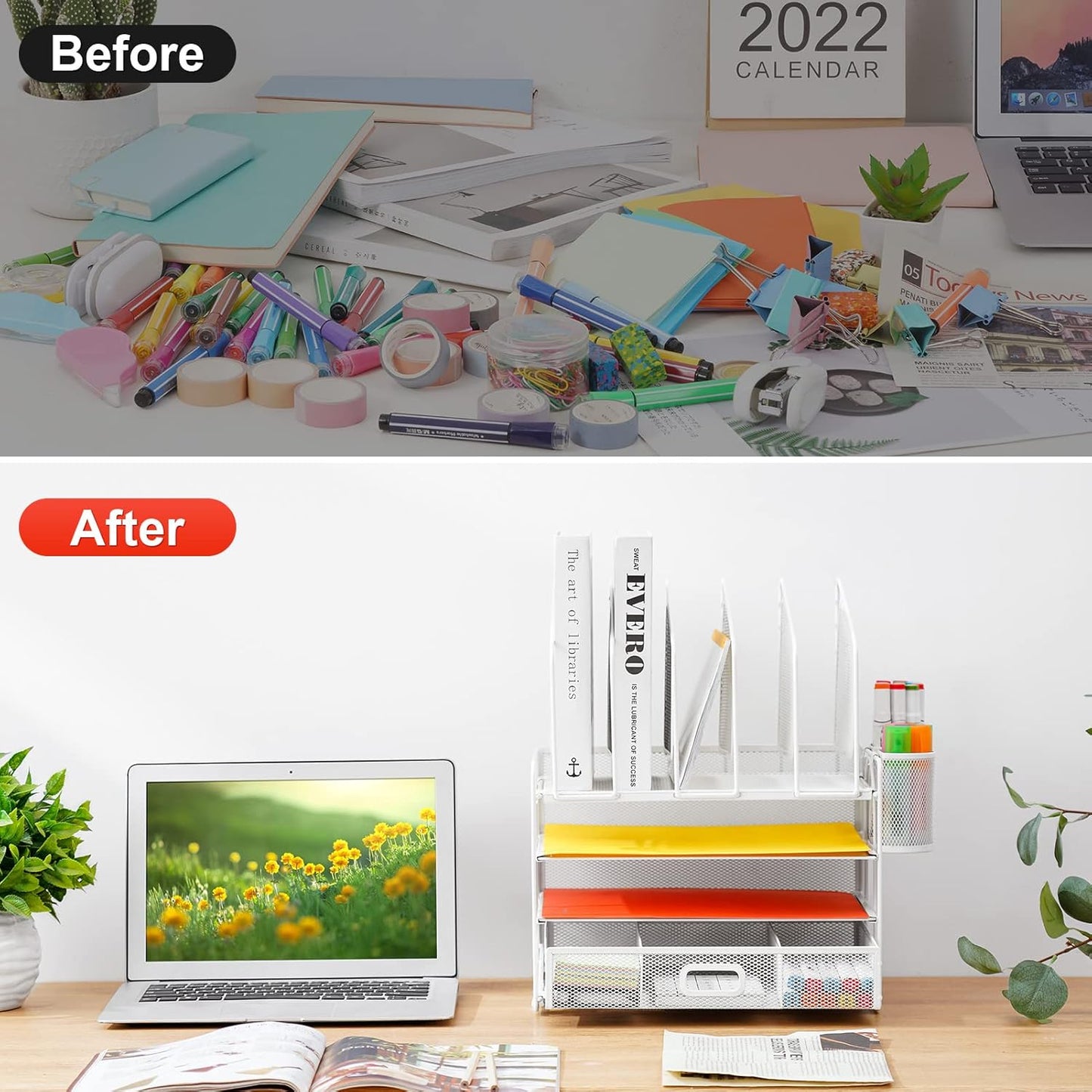 Marbrasse Desk Organizers, 4-Tier Mesh Desk File Organizer with 5 Vertical File Holders and 2 Pen Holders, Multifunction Desktop Organizer,Desk Organizers and Accessories for Home Office (White)