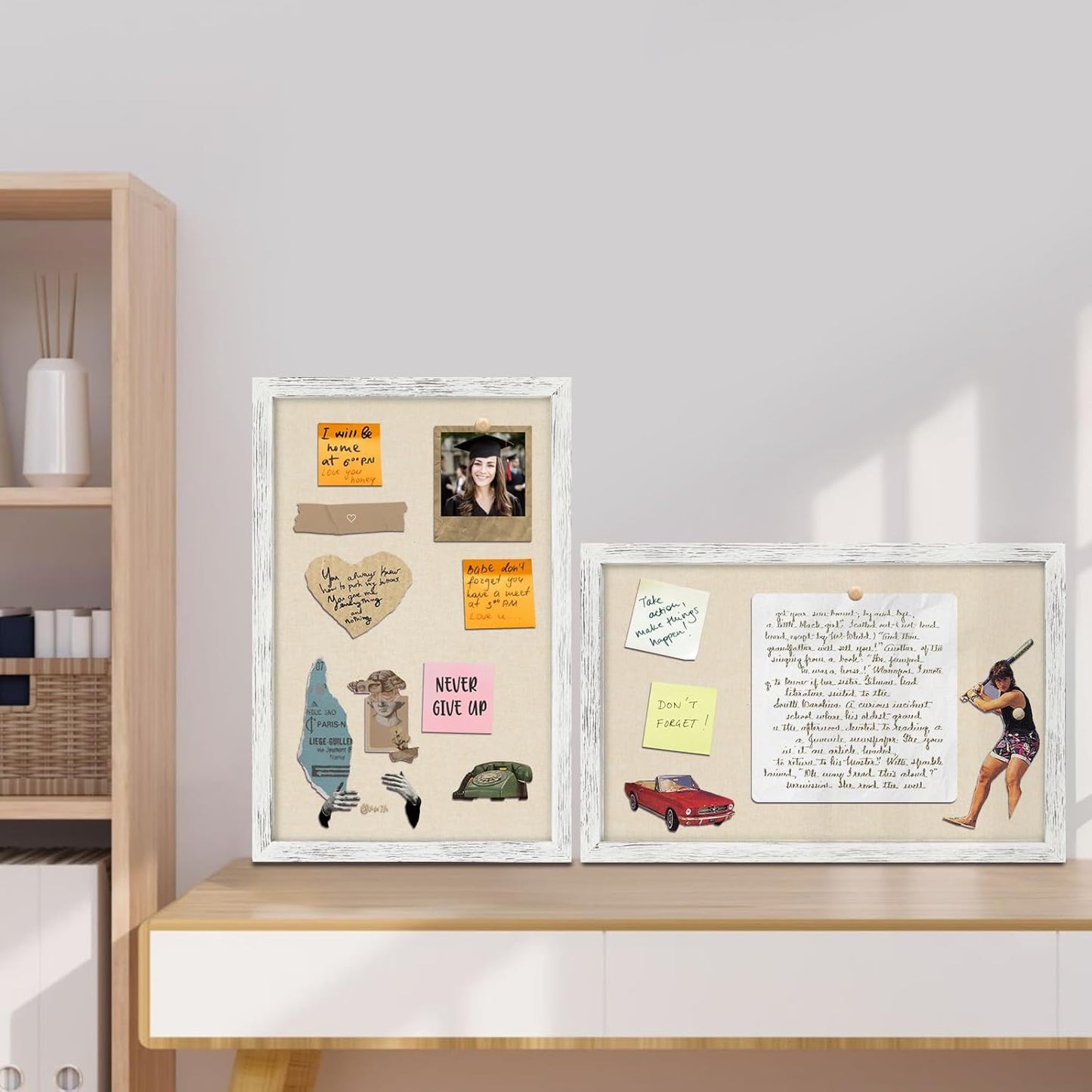 Egofine Cork Board Bulletin Board with Linen, 16x11 Wood Frame Pin Board, 2 Pack Cork Boards for Walls, Vision Board Hanging horizontal or Vertically for Office Home Decor School Kitchen, Rustic White