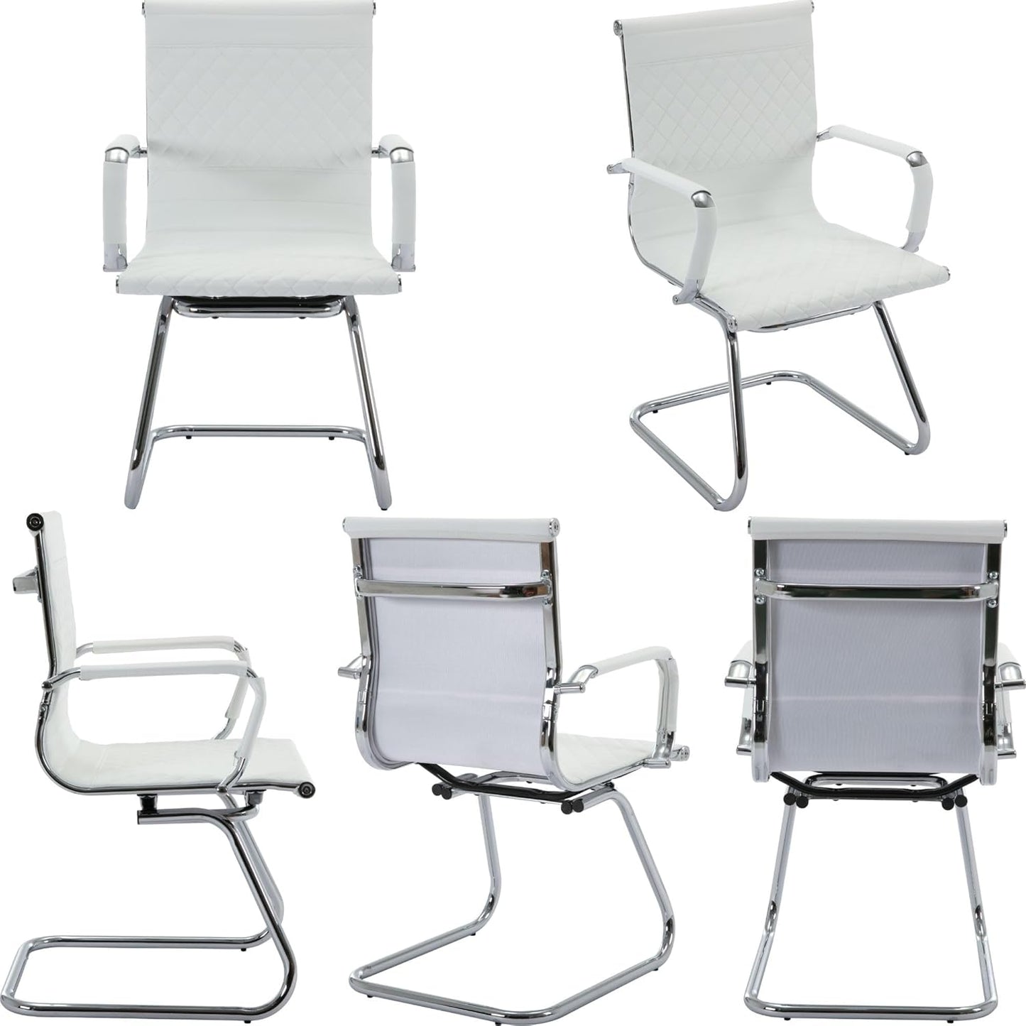 Office Guest Chairs - Set of 6 Modern PU Leather Desk Chairs for Reception, Waiting, and Conference Rooms - Mid Back, White