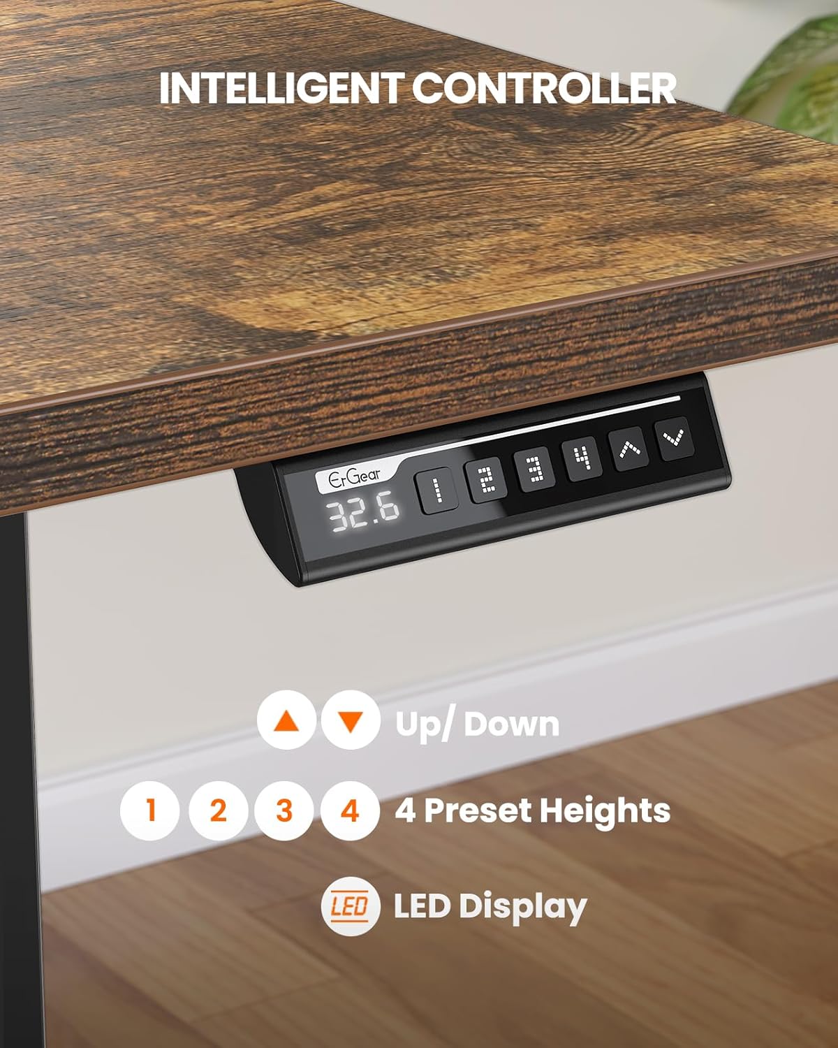 ErGear Electric Standing Desk, 55 x 28 inch Height Adjustable Sit Stand Up Desk, Computer Home Office Desk with 4 Memory Height Buttons, Two Pieces Desktop, Vintage Brown, EGESD112V