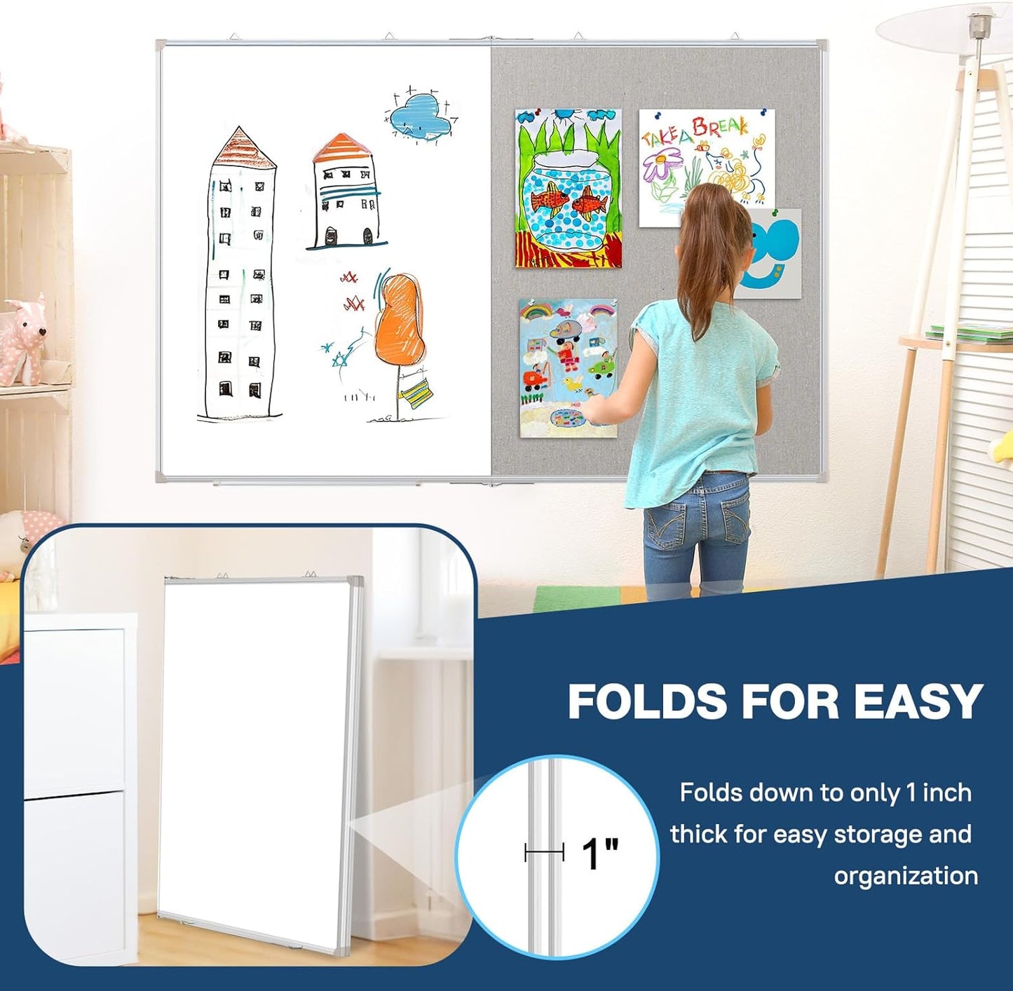 Large White Board Dry Erase Foldable Bulletin Board Combo, 60" x 40" Double Sided Dry Erase Board for Wall, Magnetic Whiteboard Bulletin Board with Linen for Office, Home, School, Kitchen -Gray