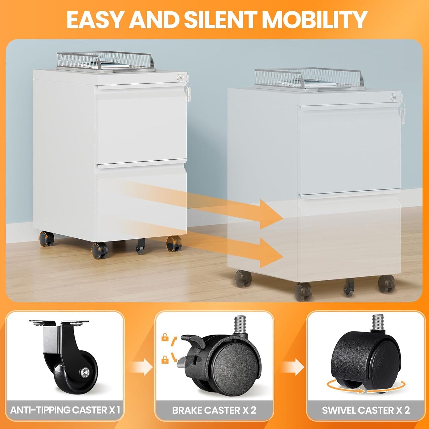 2 Drawer File Cabinet, Fully Assembled Mobile File Cabinets with Lock, Metal Rolling Filing Caninet on Wheels, Small Two Drawer Under Desk Cabnet for Letter/Legal / A4 / File Box - White