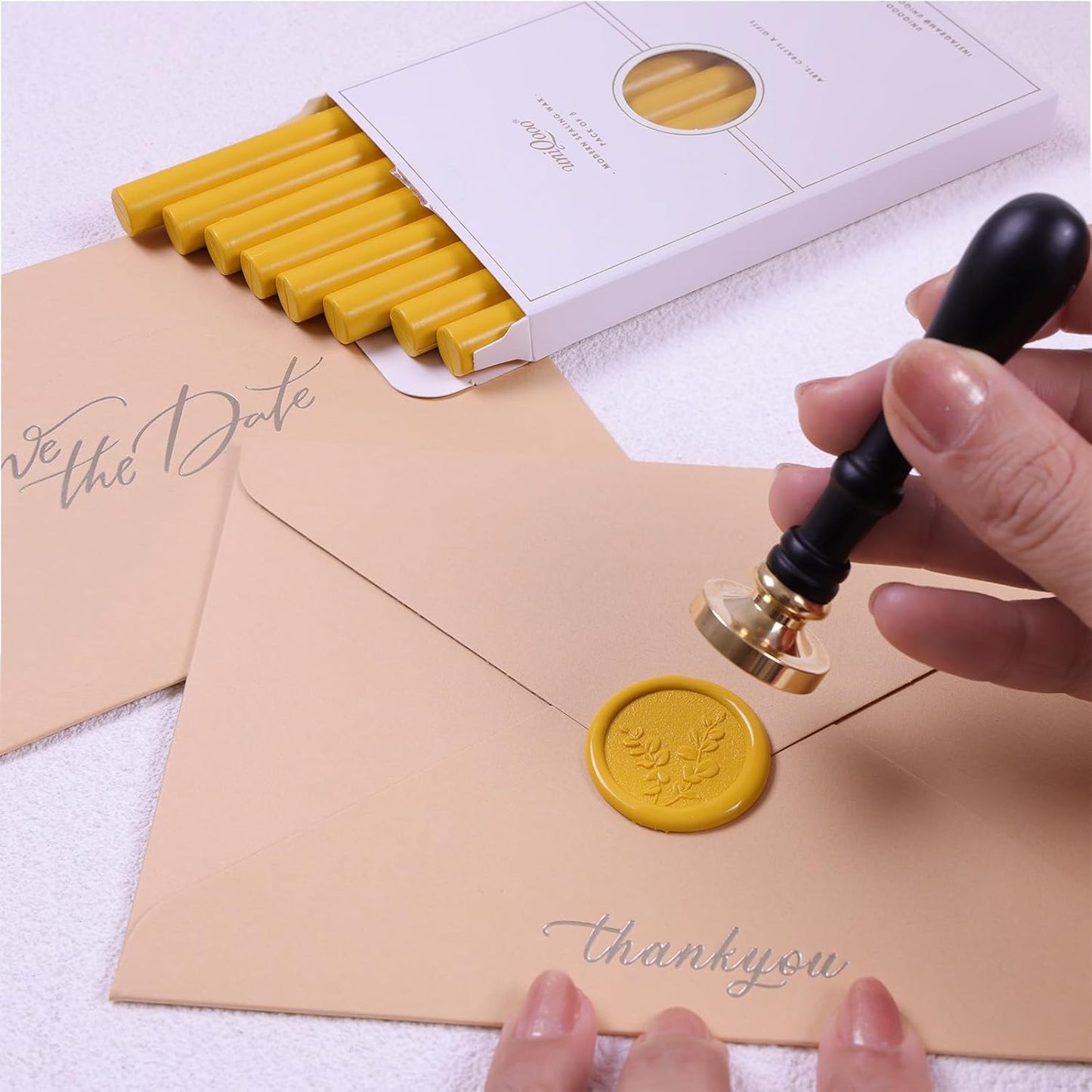 UNIQOOO Mustard Yellow Sealing Wax Sticks for Wax Seal Stamp - Perfect for Wedding Invitations, Cards Envelopes, Snail Mails, Wine Packages, Christmas Gift Ideas, Pack of 8