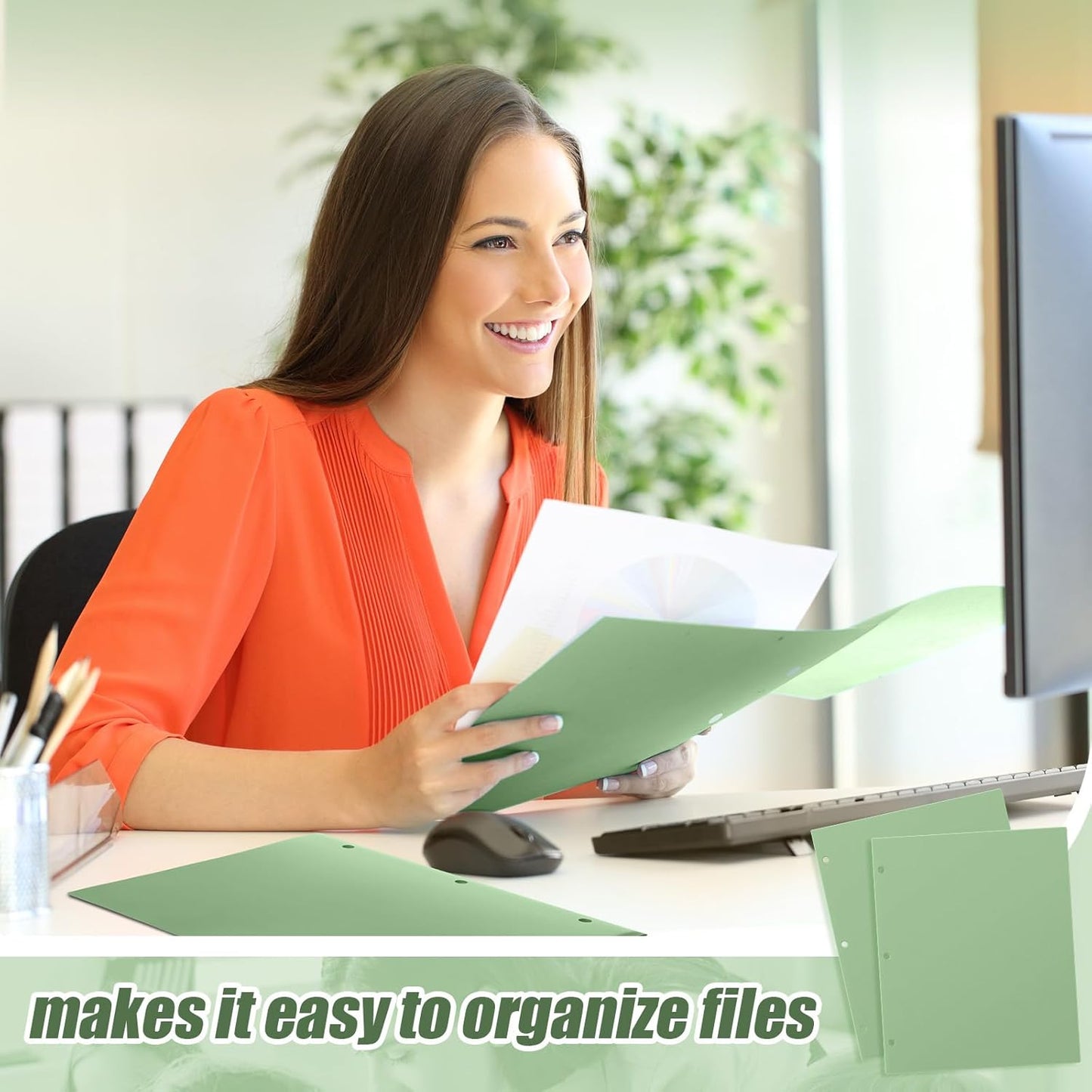 Yeaqee 100 Pcs Plastic Folders with Pockets Bulk 3 Hole Punched 2 Pocket File Folders for 3 Ring Binder Divider Folder for Notebooks, Durable Poly for Office Home (Sage Green)