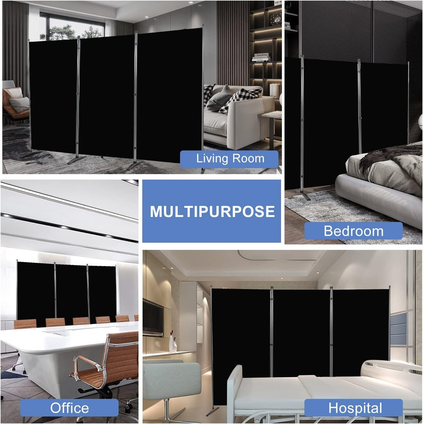 Room Divider 6FT Folding Privacy Screens, Partition Room Dividers w/Freestanding Design, Portable Wall Divider for Room Separtation, Fabric Screen Panel for Home Office Dorm (Black, 3 Panel)