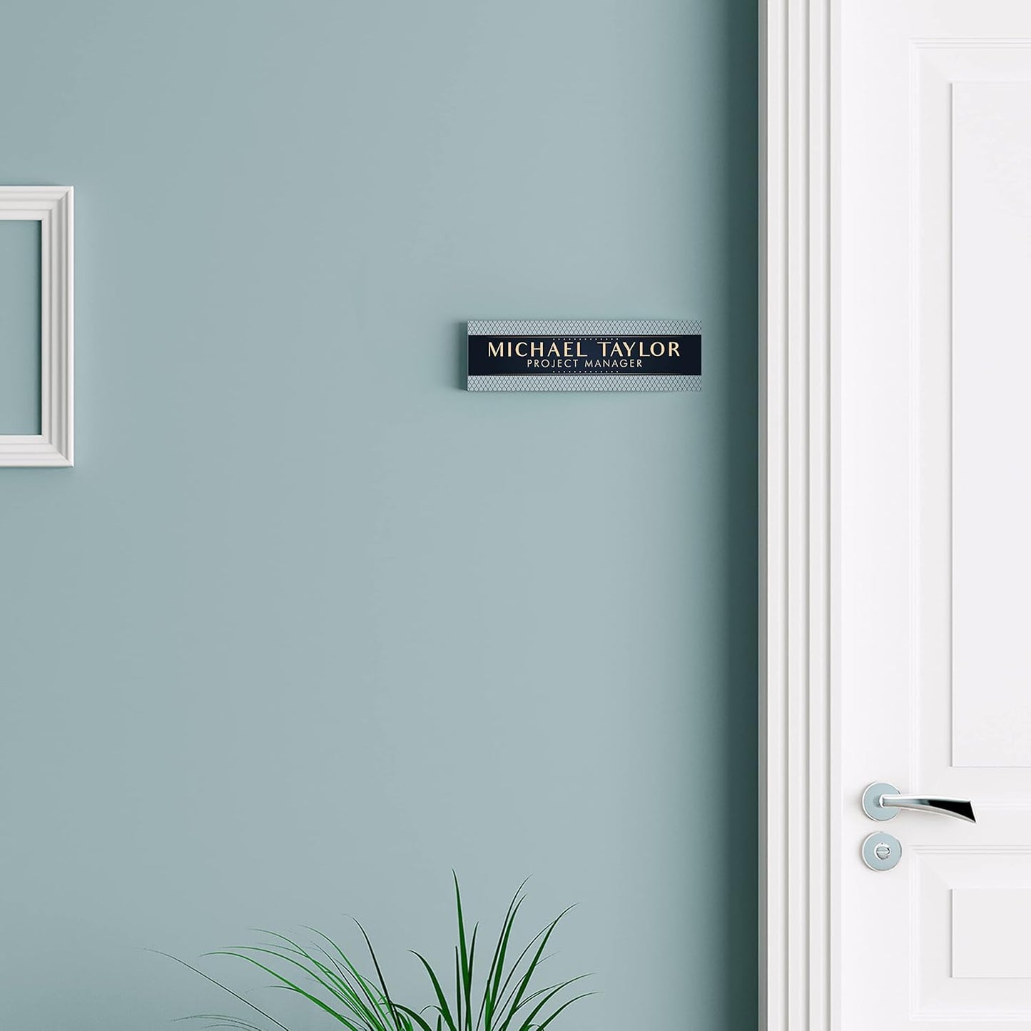 Artblox Personalized Office Desk Name Plate With Business Card Holder | Clear Acrylic Glass with Teak Wood Stand | Net Shape Design Customized with Your Name and Credentials Office Desk Décor