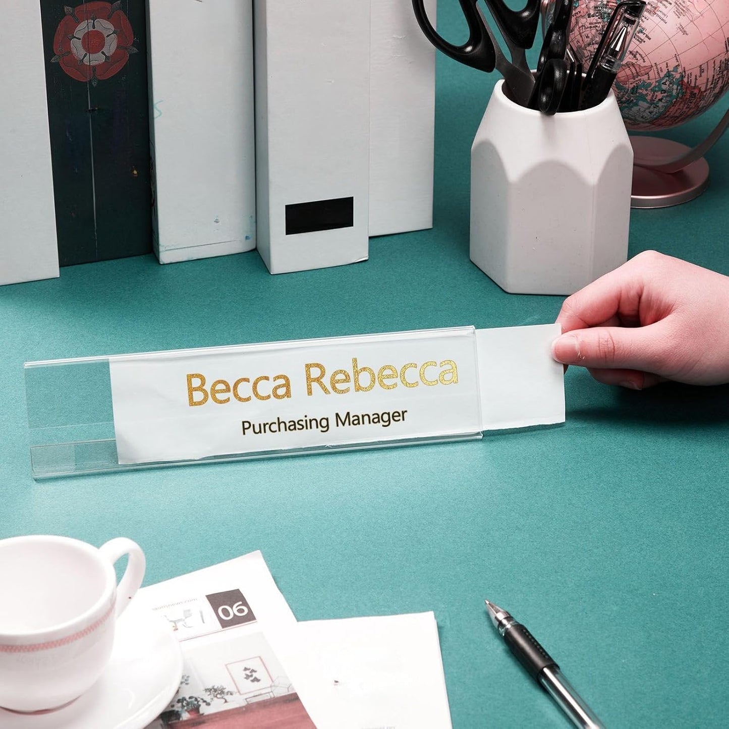 Yalikop 40 Pcs Acrylic Name Plates for Desk 2 x 8 Inches Clear Slant Back Sign Holder Stand License Label Holder for Back to School Classroom Office Conference Business Meeting Table Display