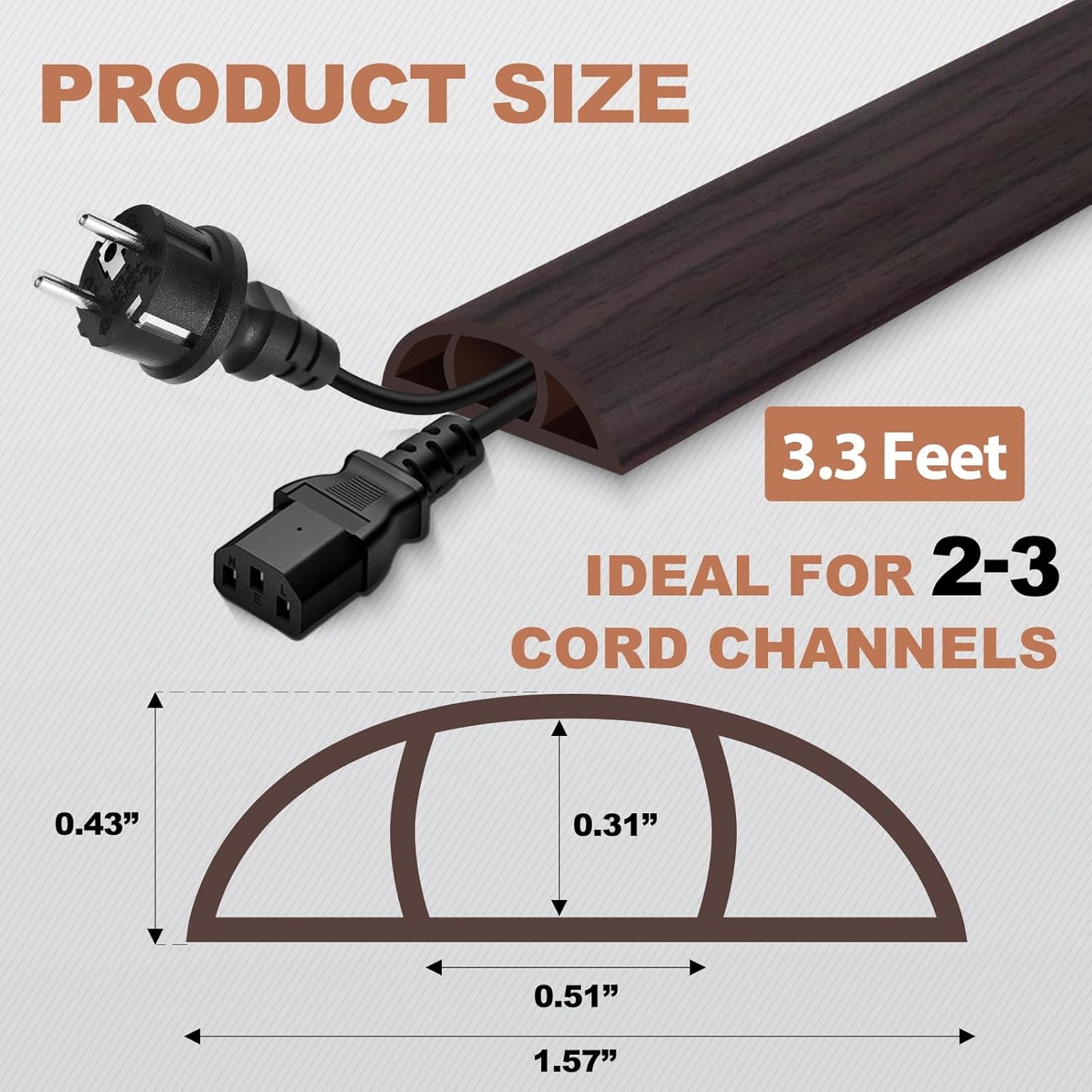 Floor Cord Cover for Wires on Floor Self Adhesive Cord Hider Floor Cable Management Wire Covers for Cords Protector Prevent Cable Trips Cord Cavity W 0.51" x H 0.31", Black Walnut, 3.3Ft