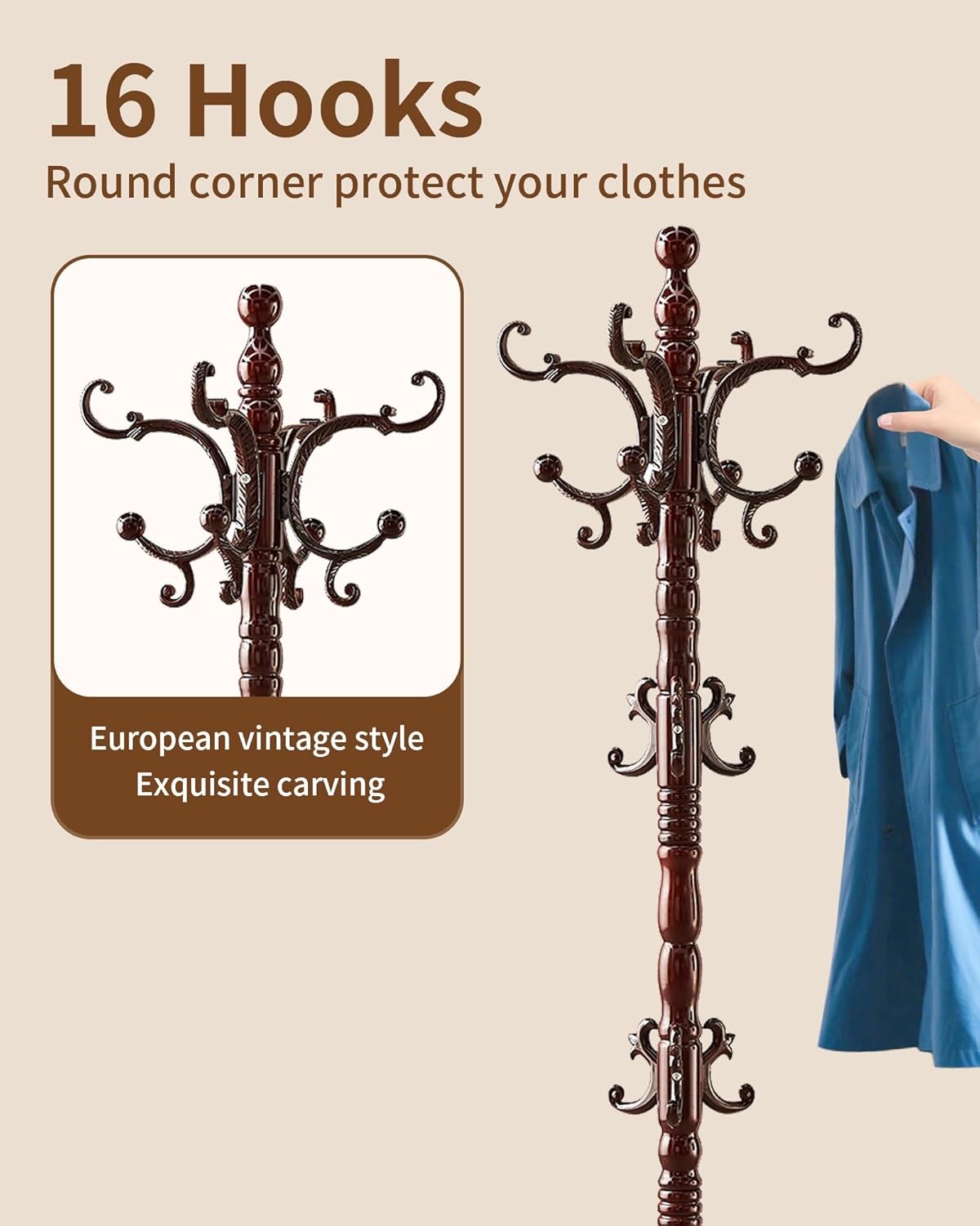 EZIVIEZ Wooden Coat Rack Stand, Solid Wood Freestanding Coat Rack, Vintage Coat Racks with 14 Hooks & Disc Base, Standing Coat Hanger Jacket Tree Stand for Office, Entryway, Hallway