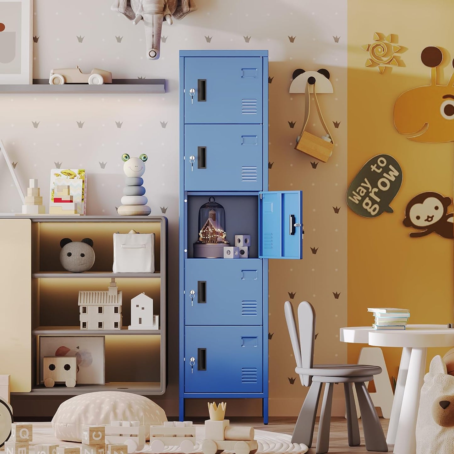 Aobabo 16" W 5 Door Metal Storage Locker with Lock, 66" H Steel Locker with Name Card Holder and Metal Leg for School, Home, Office, Playroom, Assembly Required, Blue