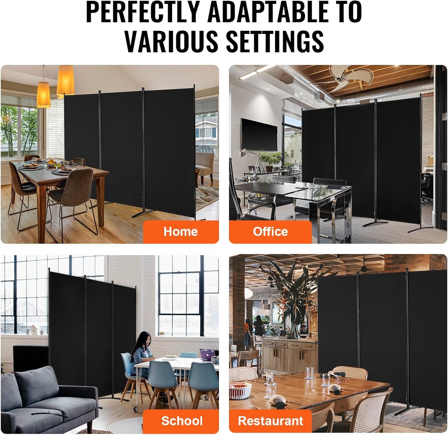 VEVOR Room Divider, 3 Panel Room Divider, Folding Privacy Screen and Portable Partition Divider for Room Separation, Freestanding Room Partitions for Office, Bedroom, Black